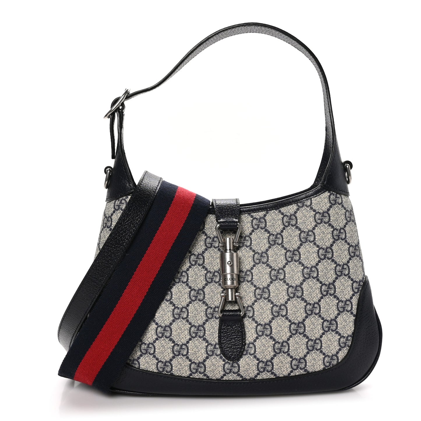 GG Supreme Monogram Textured Dollar Calfskin Web Small Jackie 1961 Hobo Beige Blue