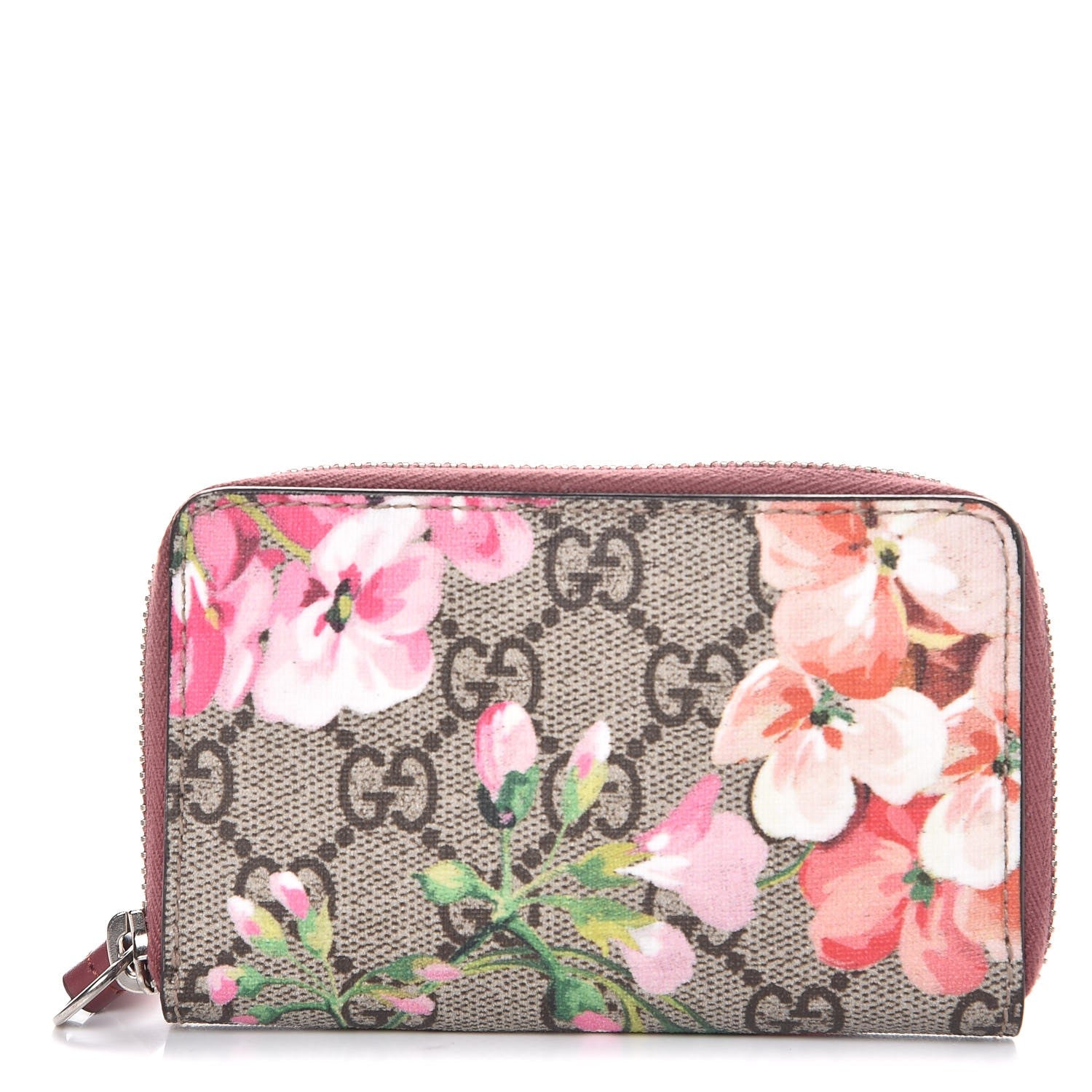 Gucci GG Supreme Monogram Blooms Zip Around Card Case Wallet Beige