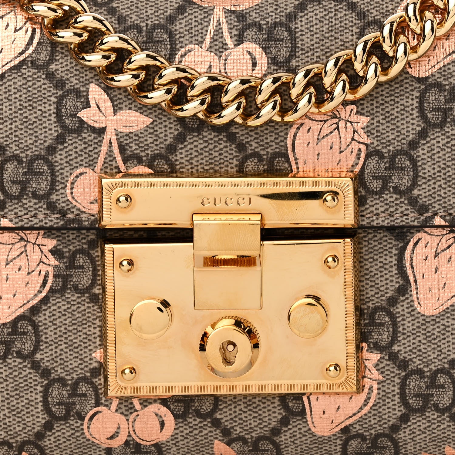 Gucci GG Supreme Monogram Berry Textured Dollar Calfskin Small Padlock Shoulder Bag Beige Ebony Light Copper Mystic White 8 of 10