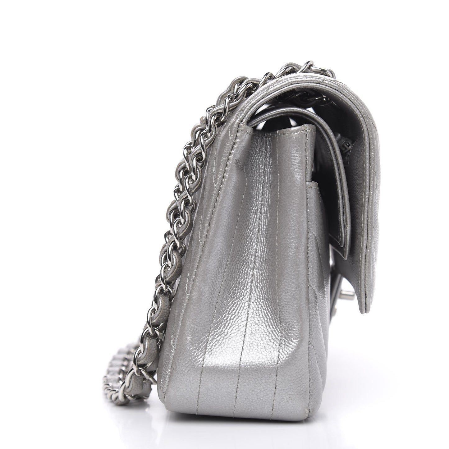 Metallic Caviar Chevron Quilted Medium Double Flap Silver