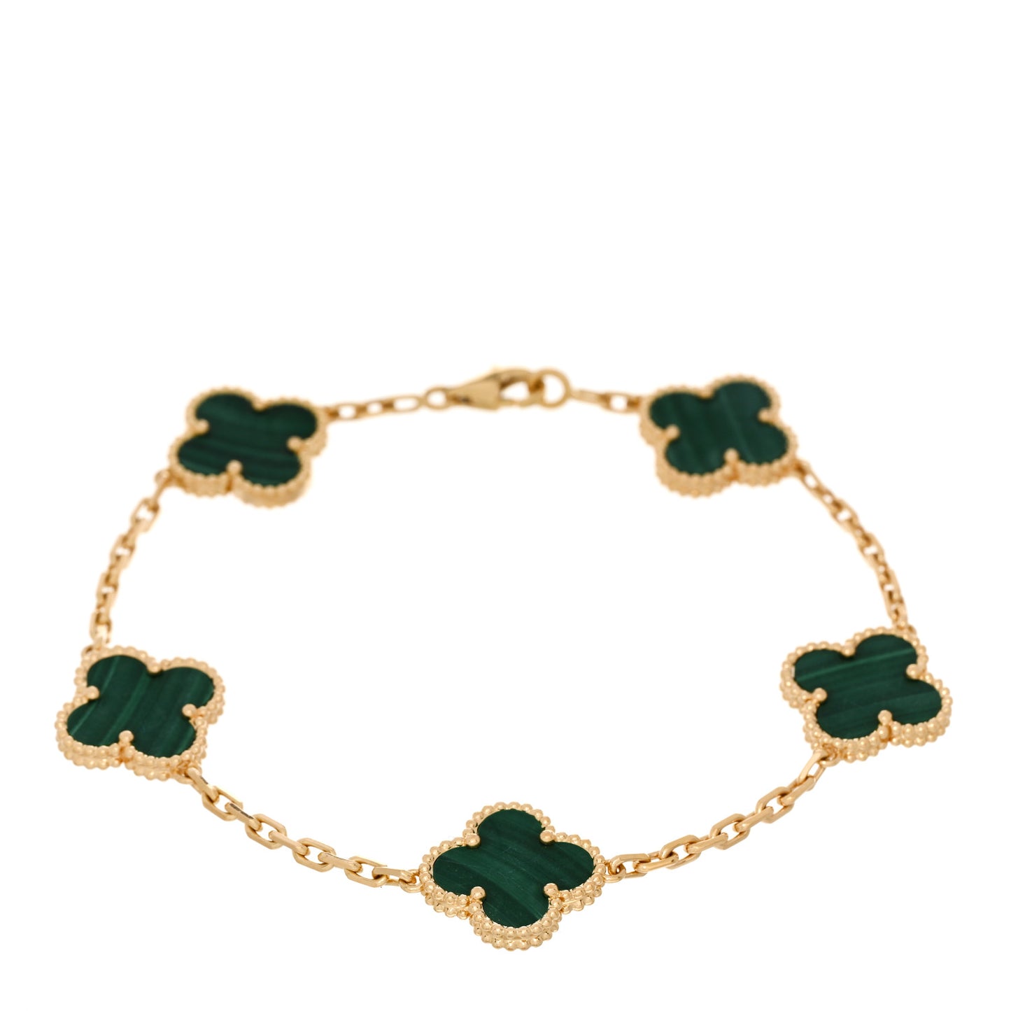 18K Yellow Gold Malachite 5 Motifs Vintage Alhambra Bracelet