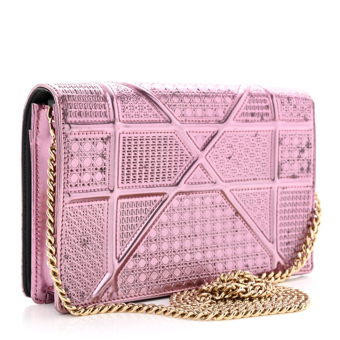 Metallic Patent Micro-Cannage Diorama Wallet on Chain Pouch Pink