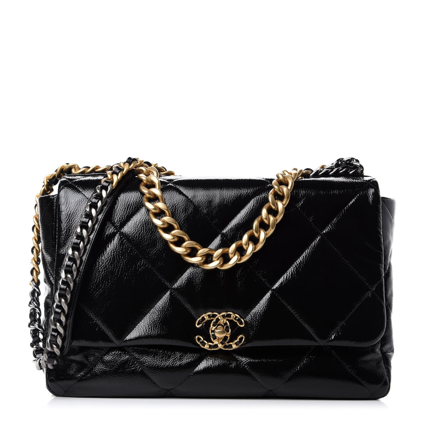 Shiny Crumpled Calfskin Quilted Maxi 19 Flap Black