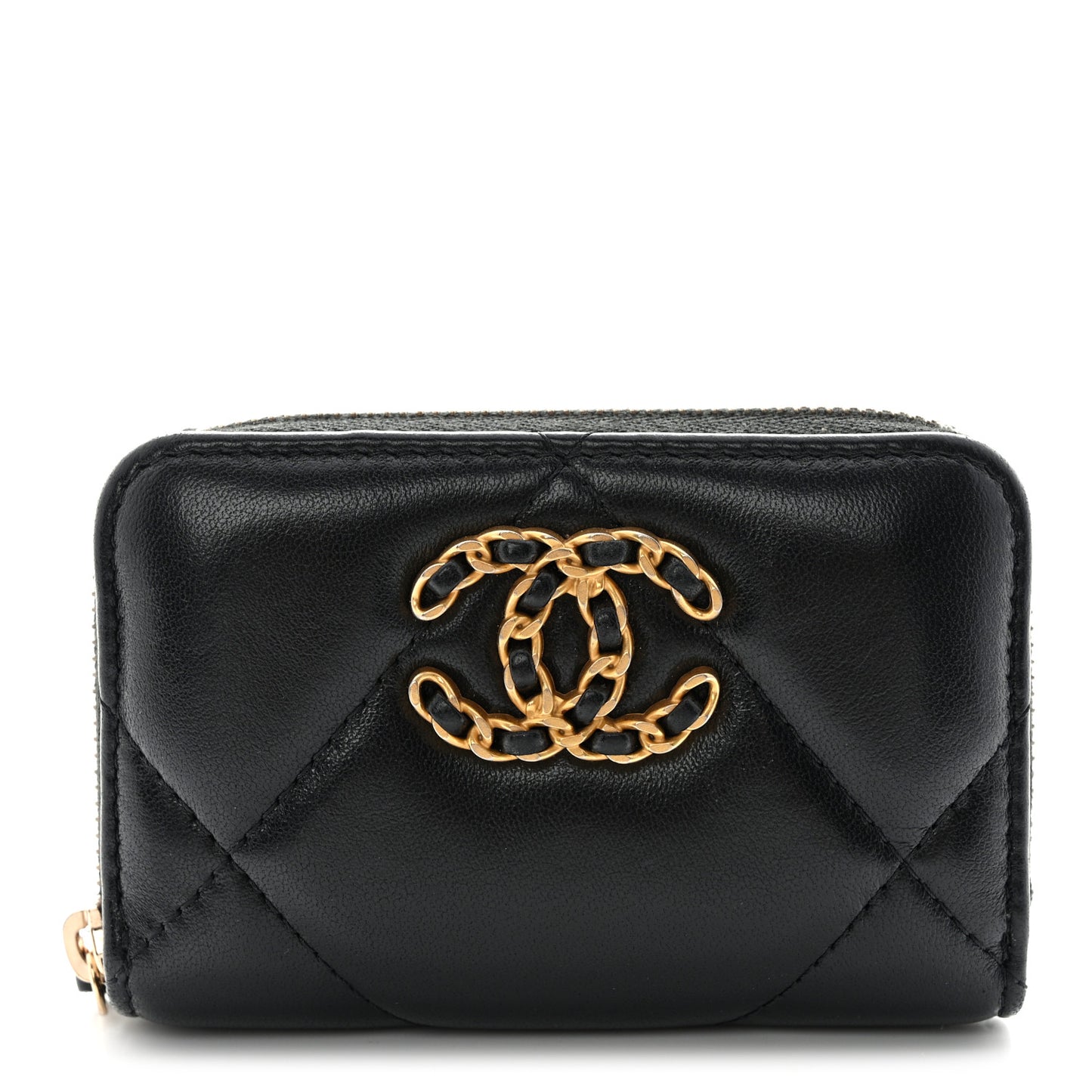 Lambskin Quilted Chanel 19 Zip Around Coin Purse Wallet Black