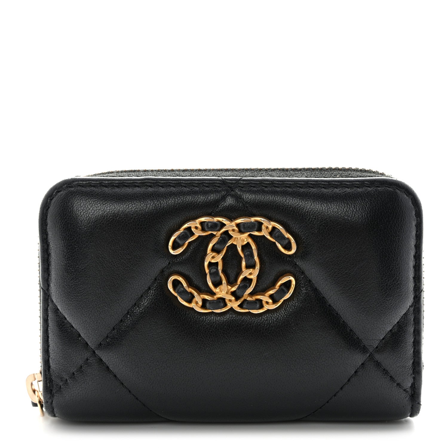 Chanel Lambskin Quilted Chanel 19 Zip Around Coin Purse Wallet