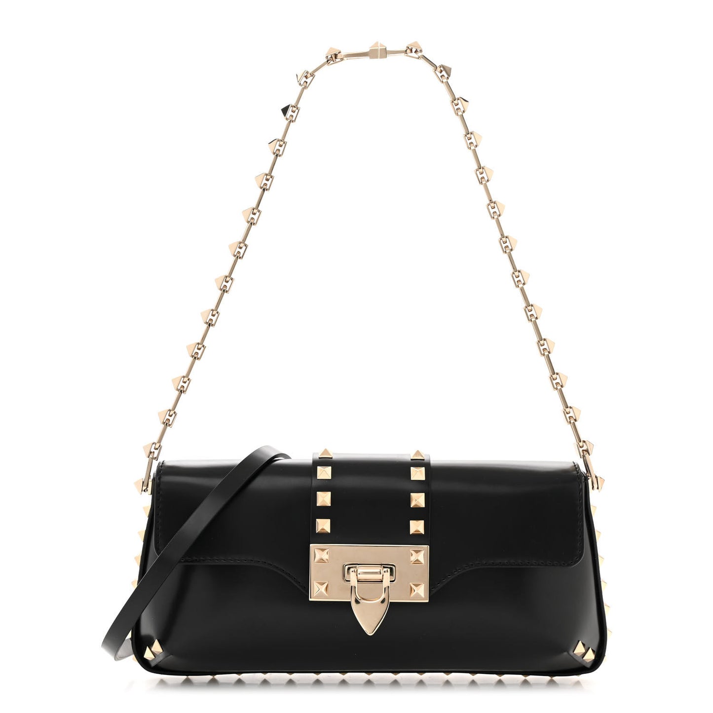 Brushed Calfskin Rockstud Flip Lock Chain Shoulder Bag Black