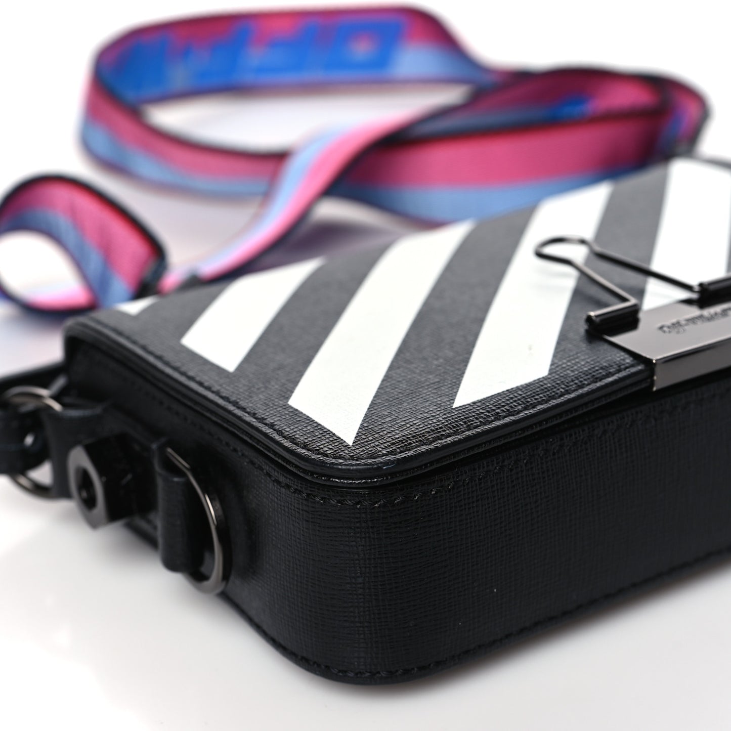 Saffiano Striped Mini Diag Binder Clip Bag Black White Indus