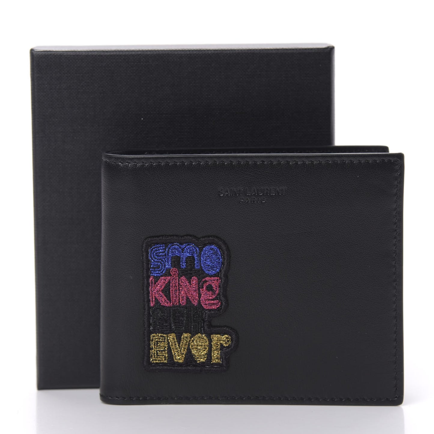 Calfskin Smoking Forever Patch Bifold Wallet Black