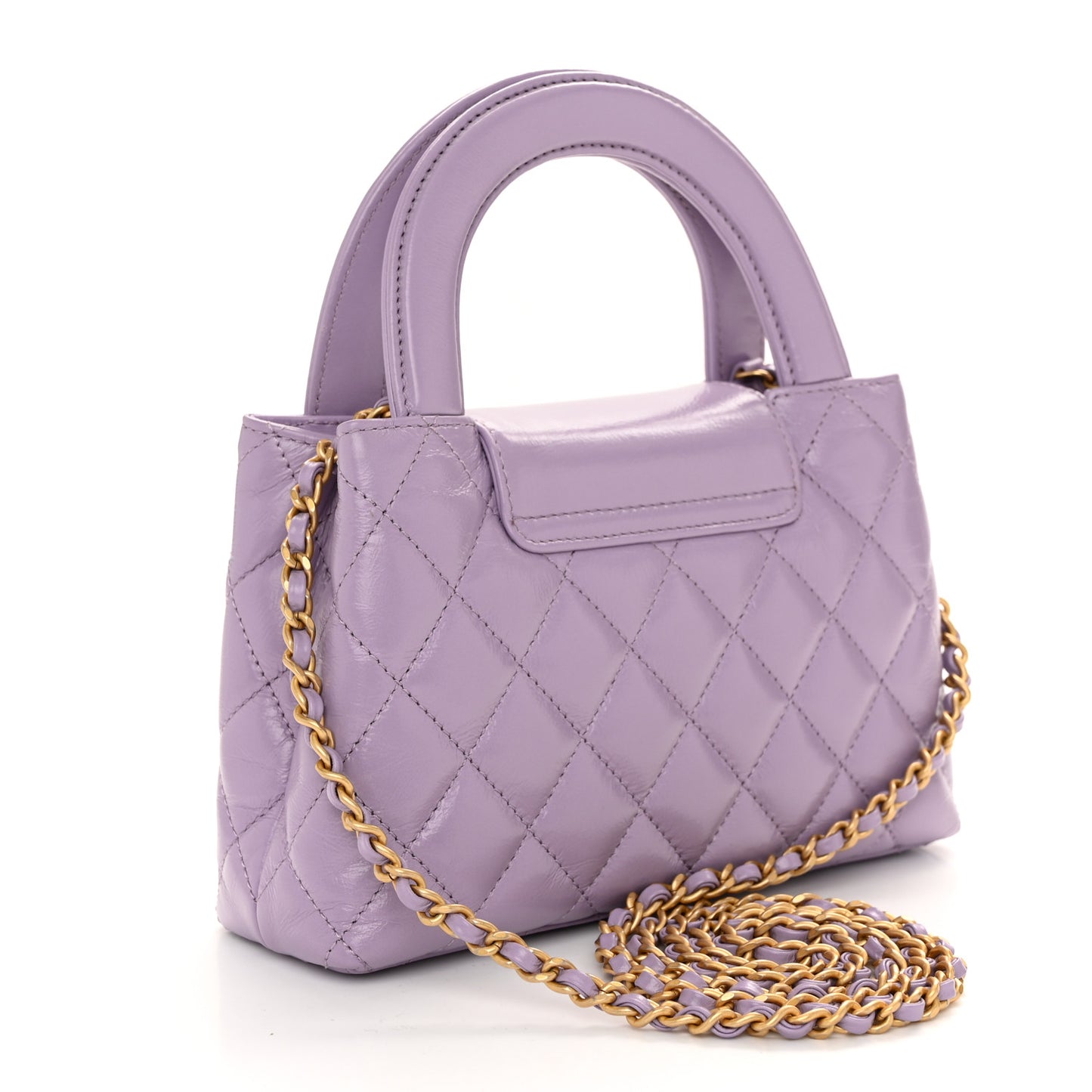 Shiny Aged Calfskin Quilted Nano Kelly Shopper Lilac