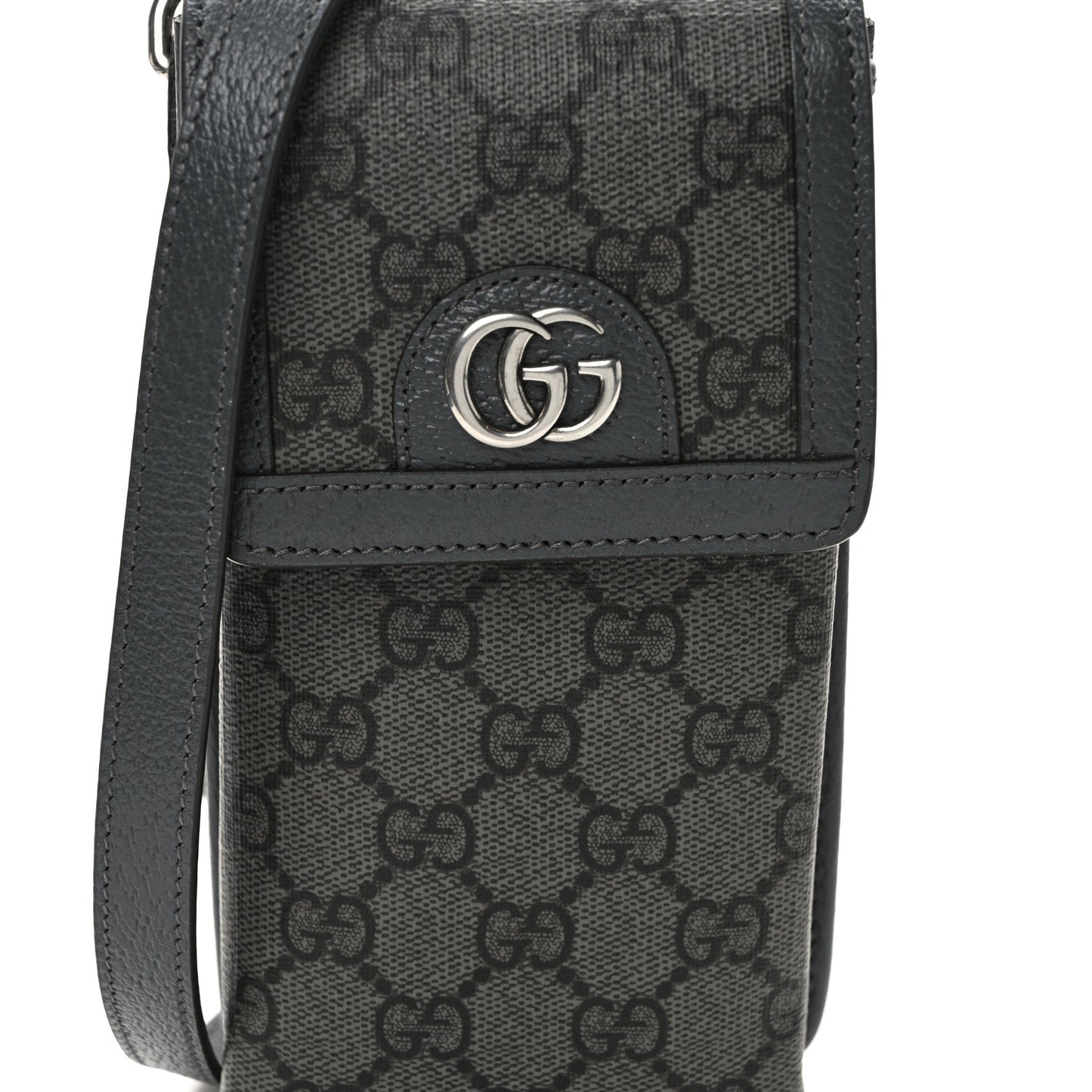 GG Supreme Monogram Textured Dollar Calfskin Phone Crossbody Bag Grey Black Graphite Grey