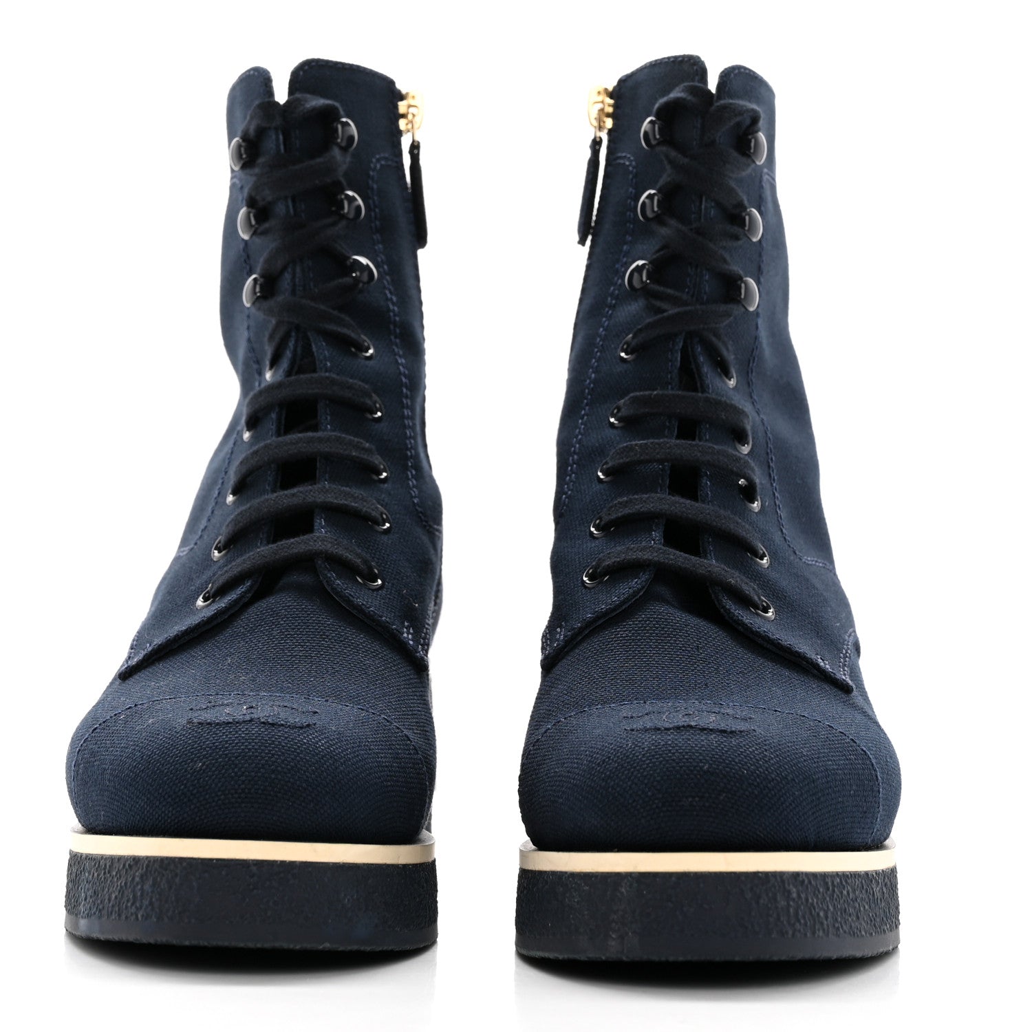Chanel Fabric Lace Up Combat Boots 38 Navy Blue 2 of 16