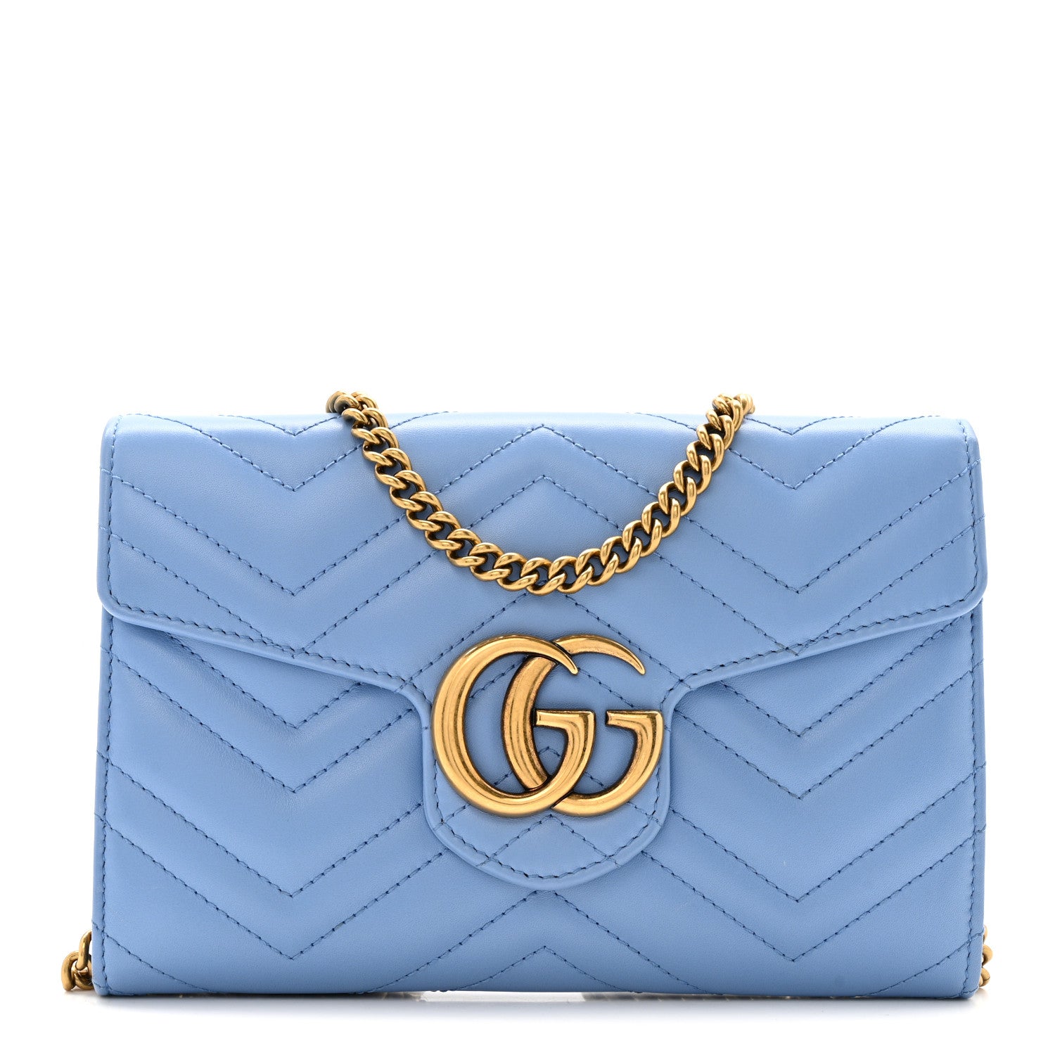 Gucci Calfskin Matelasse Mini GG Marmont Chain Wallet Clear Sky