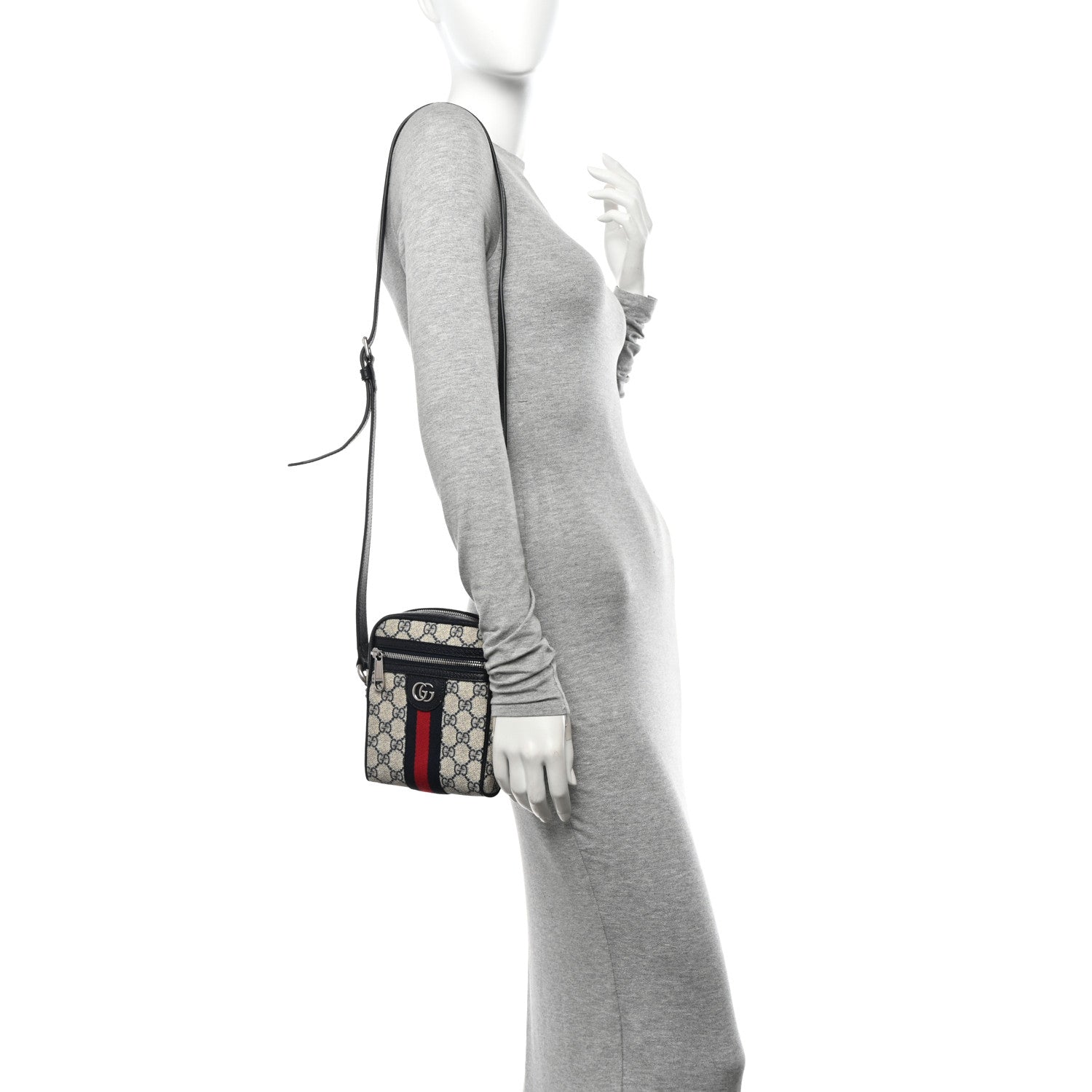 Gucci GG Supreme Monogram Textured Calfskin Web Mini Ophidia Messenger Beige Blue 2 of 11