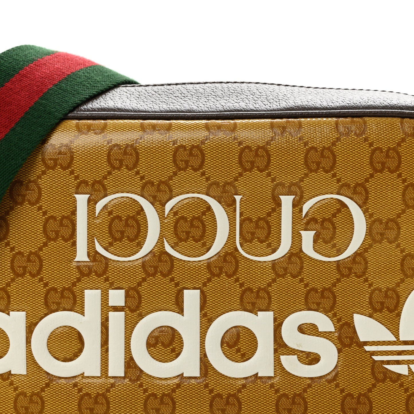 X ADIDAS Crystal Vintage Monogram Textured Dollar Calfskin Web Trefoil Logo Small Messenger Bag Mid Natural Nut Off White New Acero