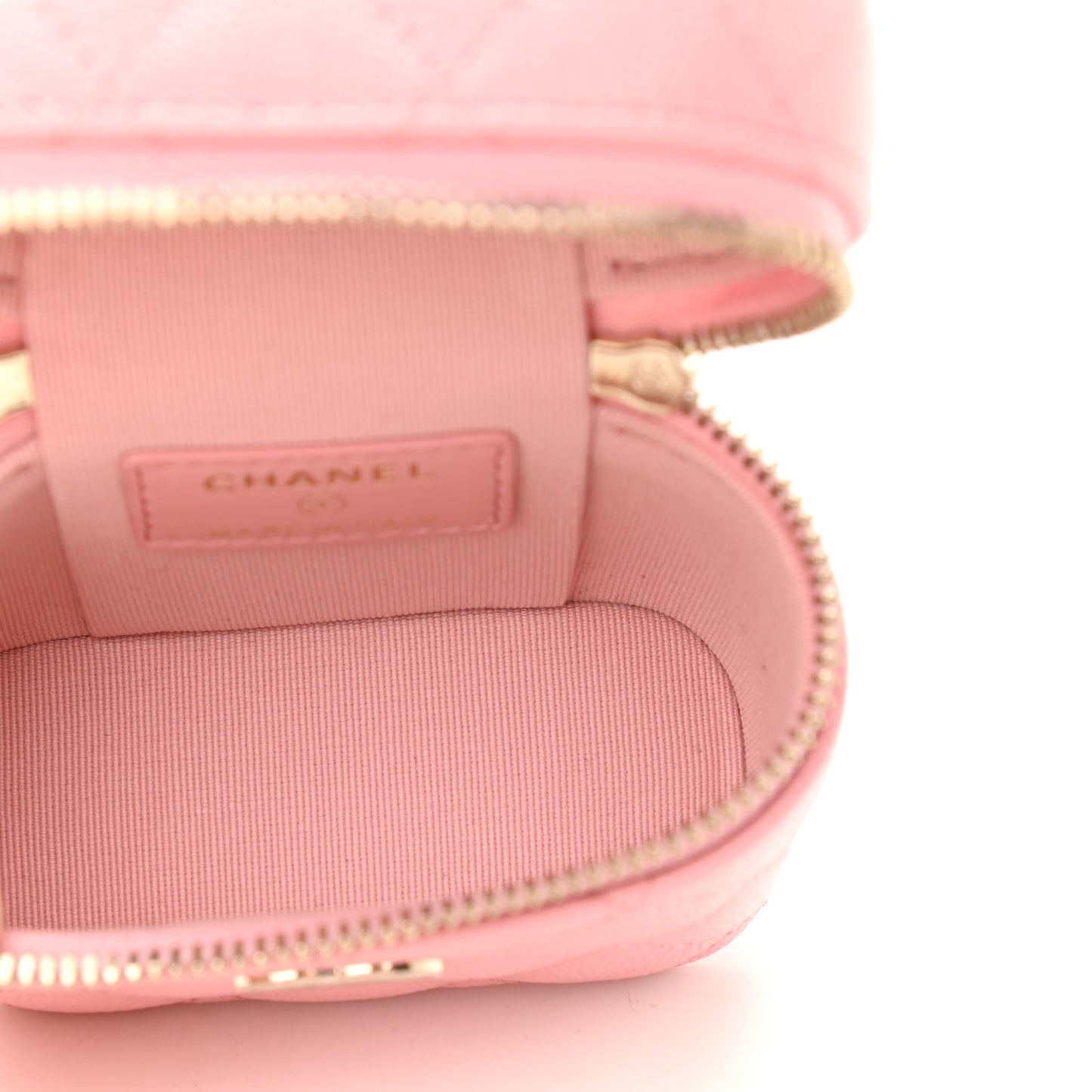 Caviar Quilted Small Handle With Care Vanity Case With Chain Pink