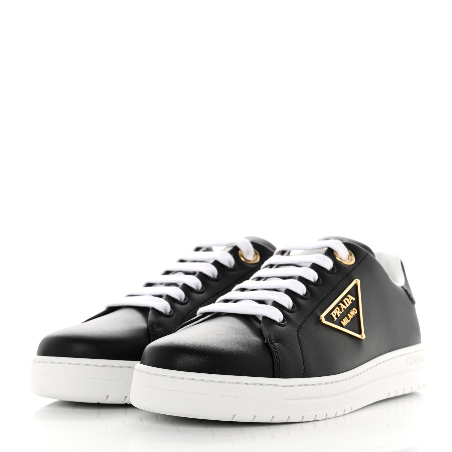 Prada Vitello Soft Metal Triangle Logo Womens Edge Low Top 30mm Sneakers 38 Black White 3 of 9