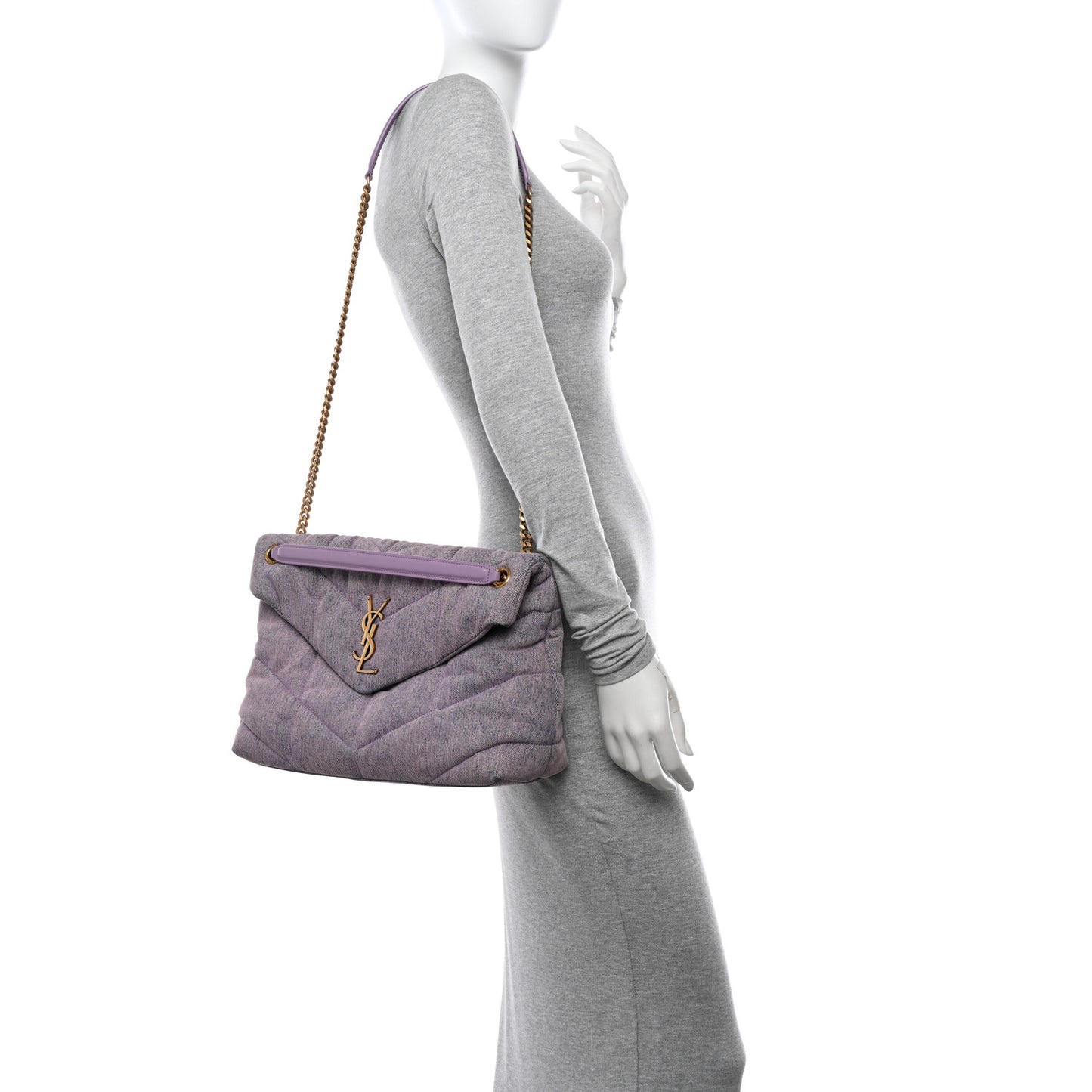 Denim Quilted Medium Loulou Puffer Monogram Chain Satchel Bleached Lilac