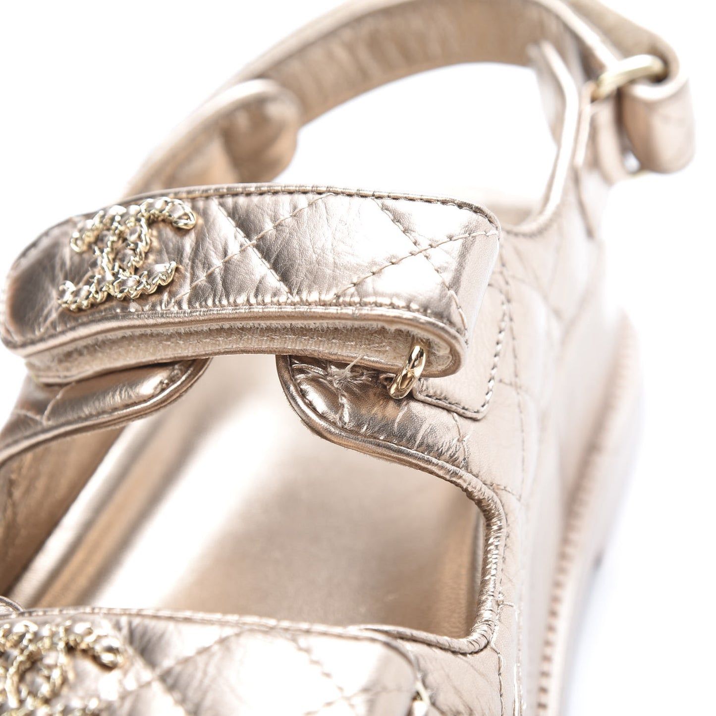 Iridescent Lambskin Quilted Velcro Dad Sandals 38 Light Bronze