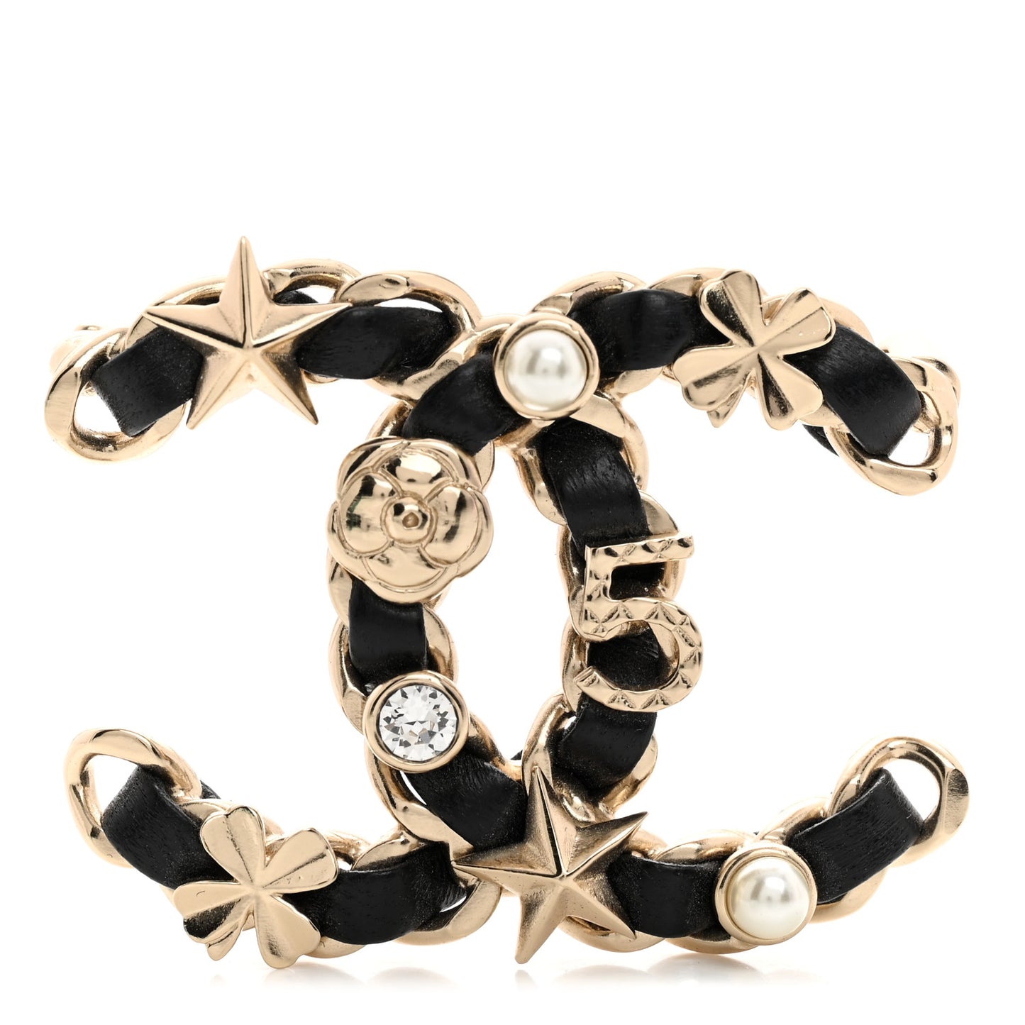 Lambskin Pearl Strass Sergeant Chanel Brooch Black Gold