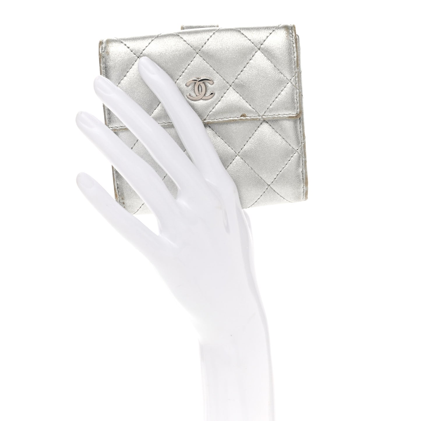 Metallic Lambskin Quilted Compact French Flap Wallet Silver