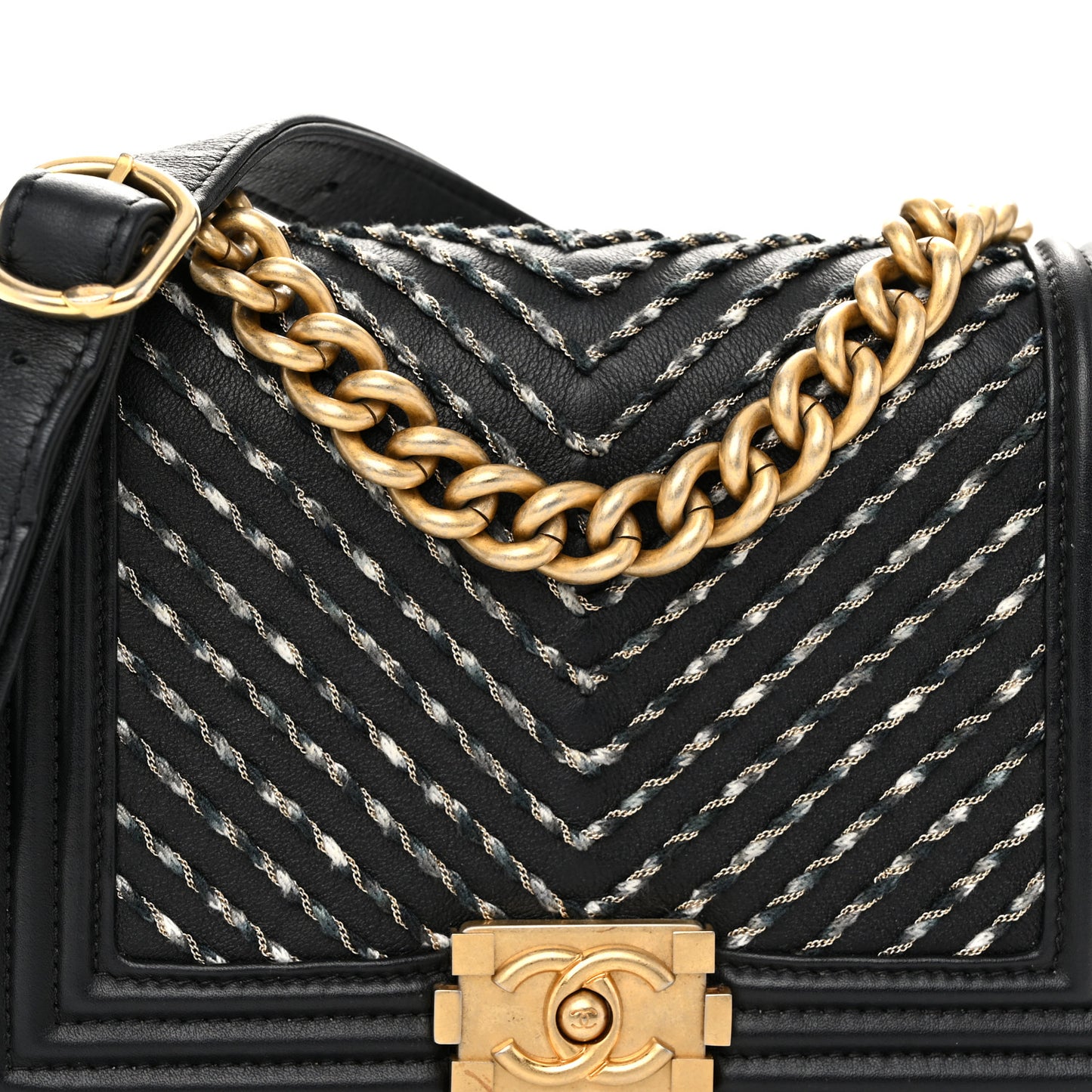 Calfskin Chevron Embroidered Boy By The Sea Flap Waist Belt Bag Black