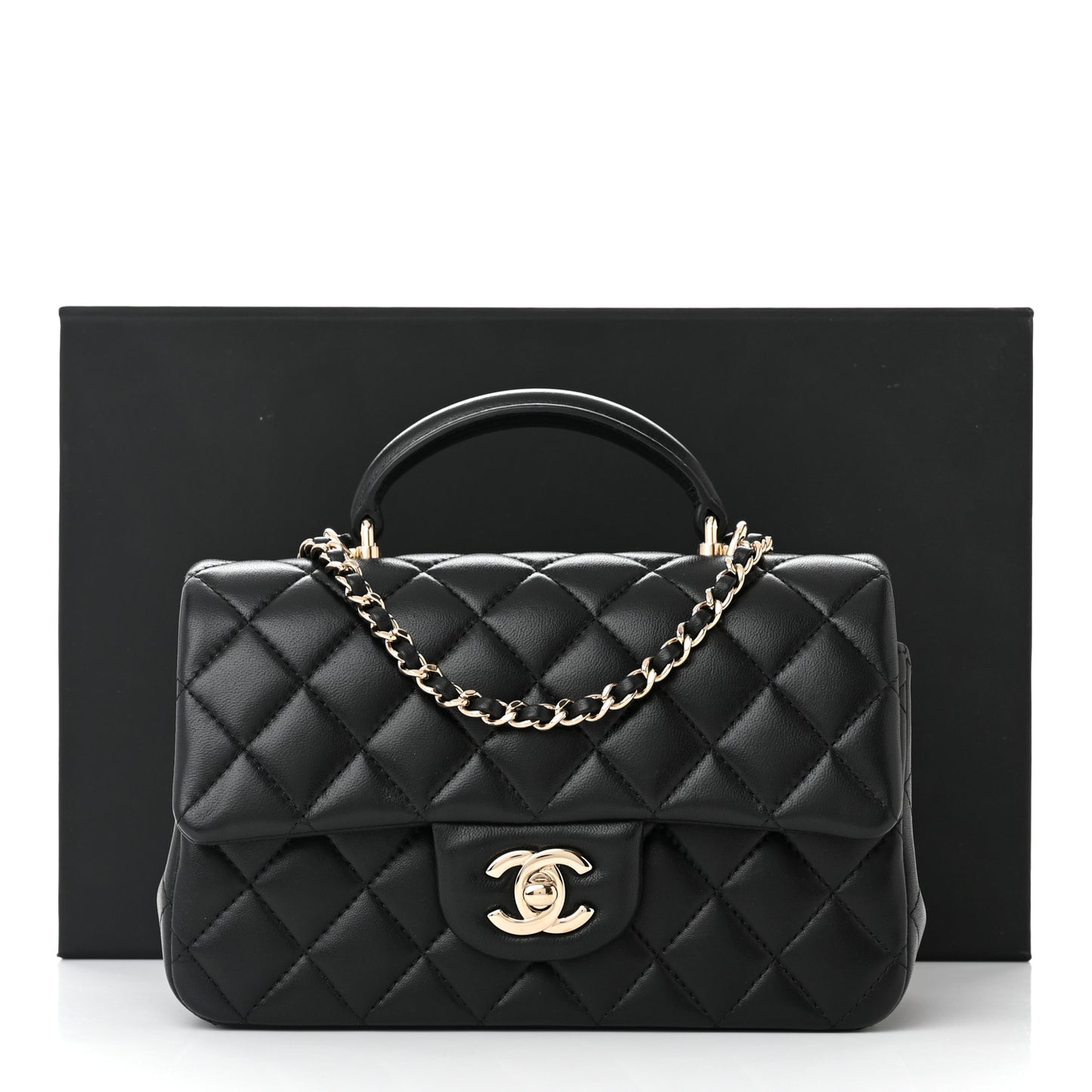 Lambskin Quilted Mini Top Handle Rectangular Flap Black