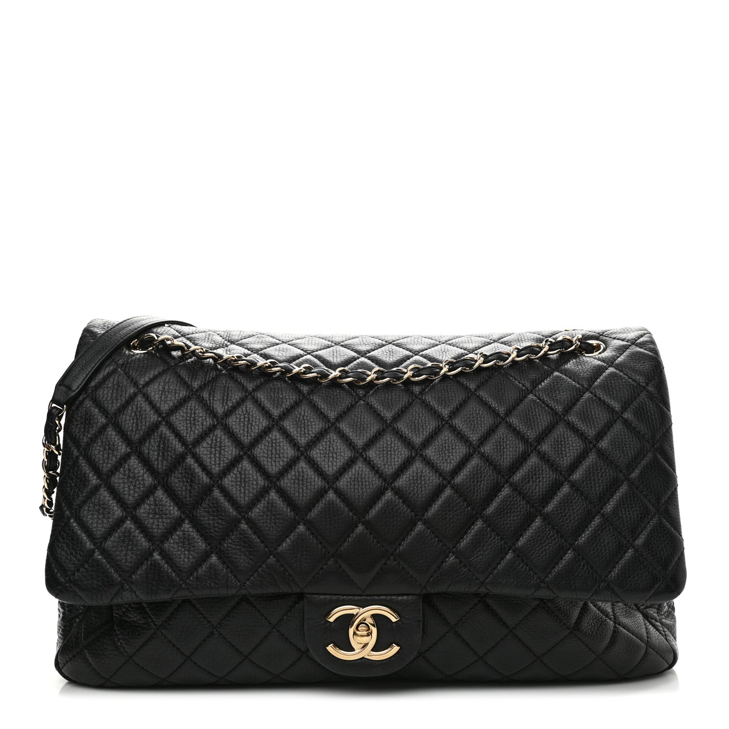 Calfskin Quilted XXL Travel Flap Bag Black