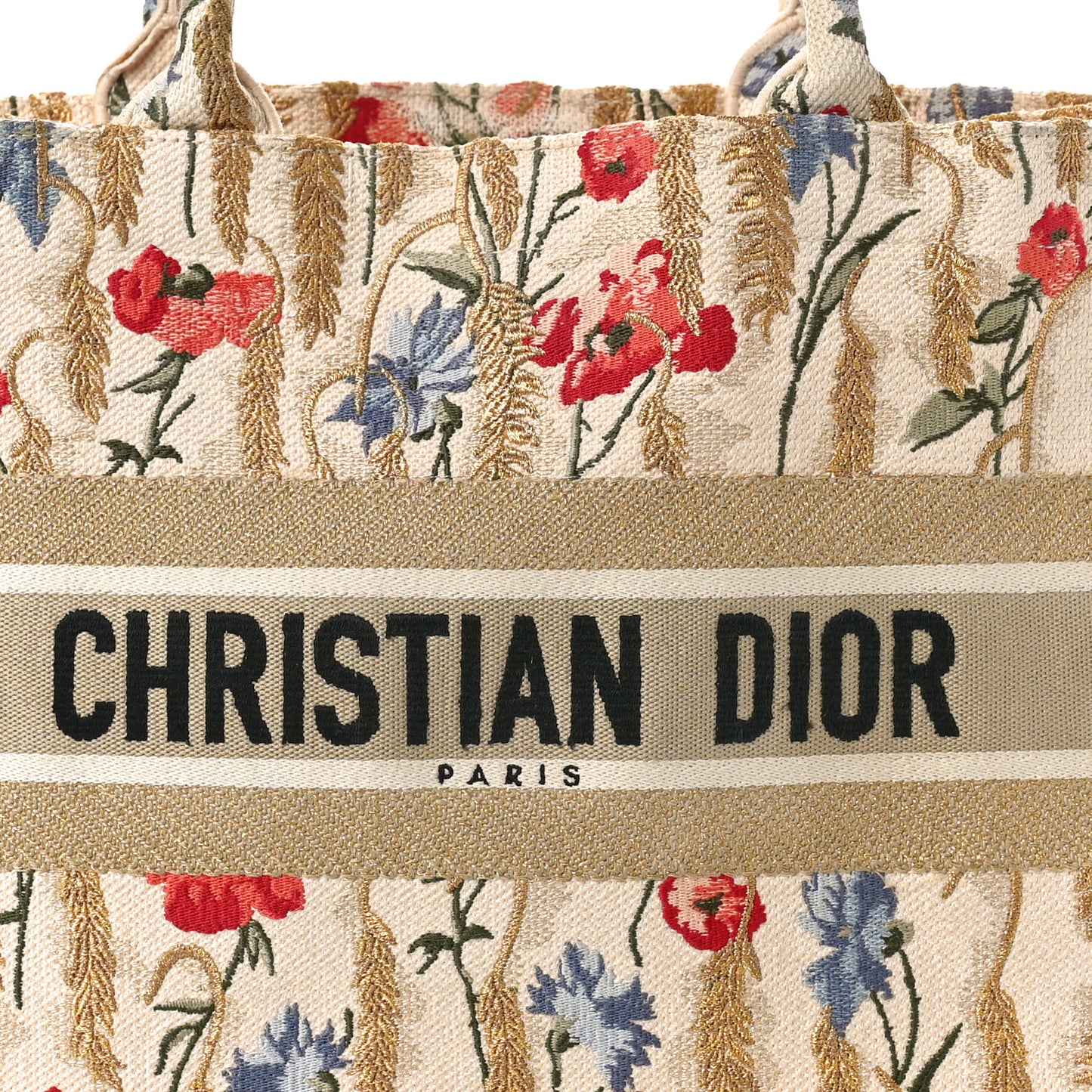Canvas Embroidered Medium Hibiscus Book Tote Beige Multicolor