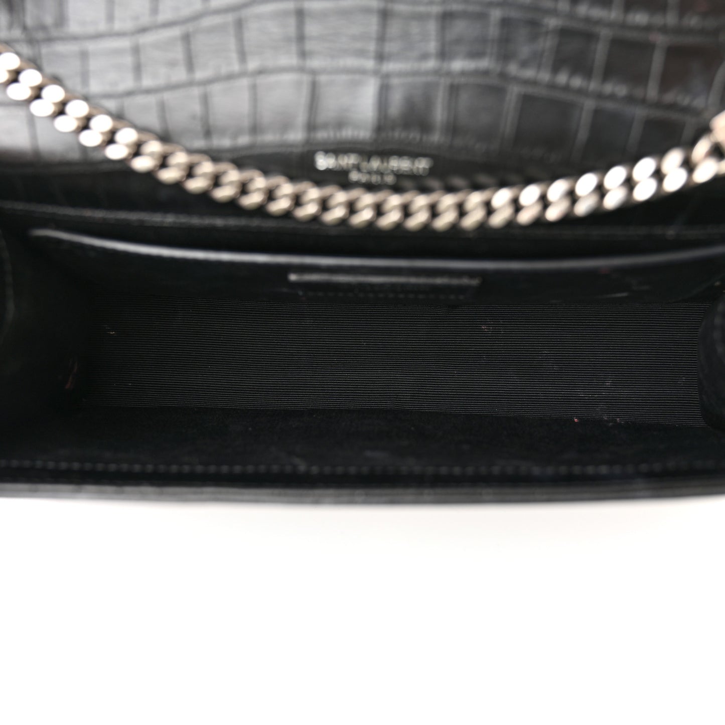 Calfskin Crocodile Embossed Small Classic Monogram Kate Tassel Satchel Black