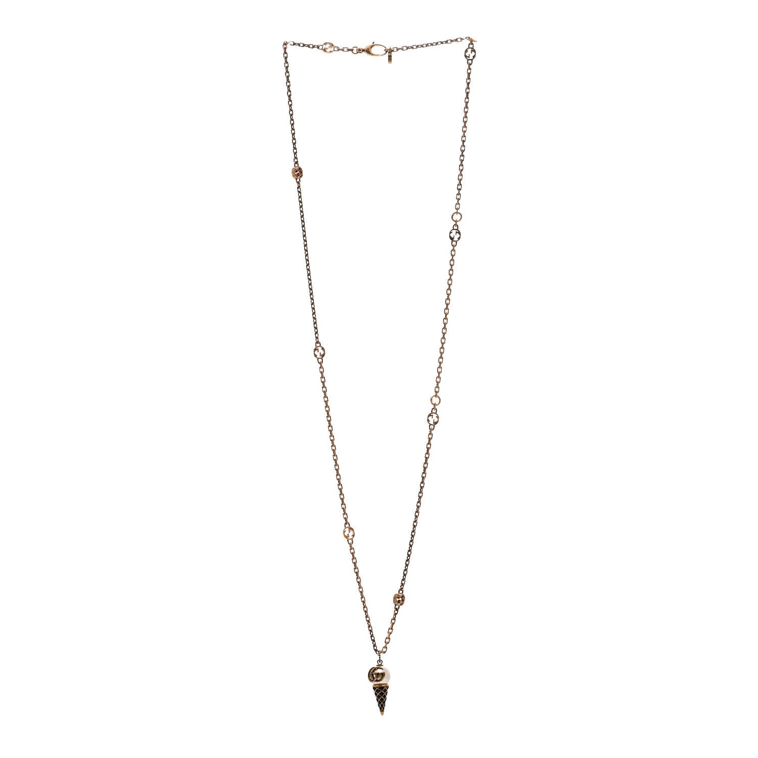 Gucci Metal Pearl Double G Ice Cream Pendant Necklace Aged Gold 3 of 5
