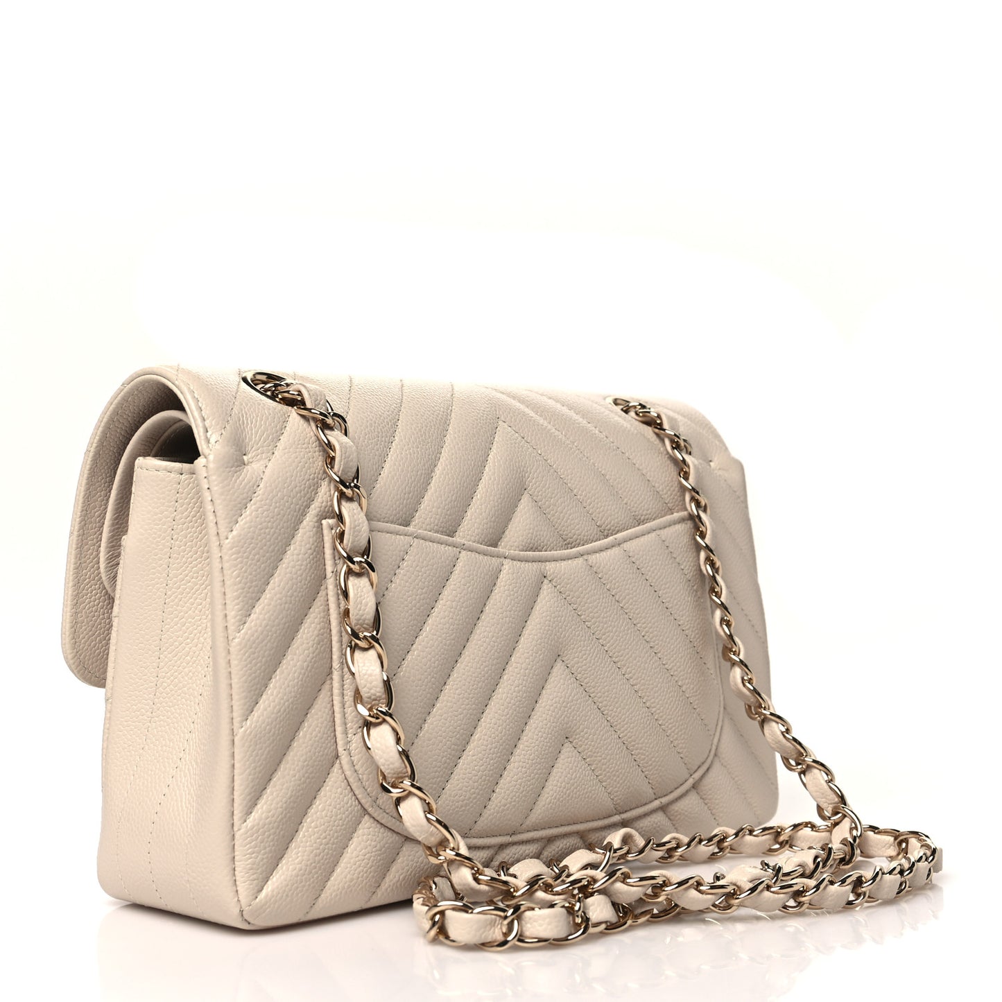 Caviar Chevron Quilted Small Double Flap Beige