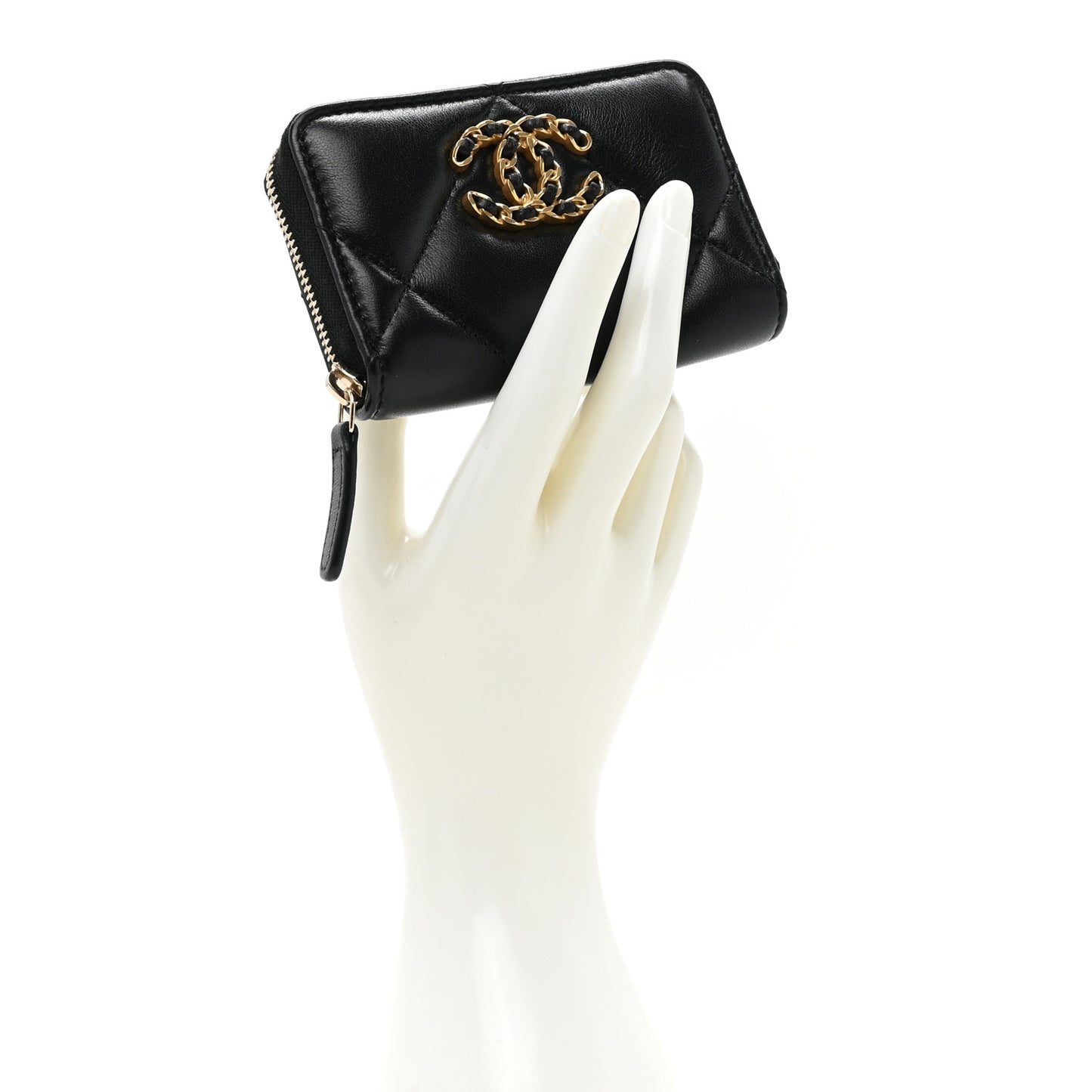 Lambskin Quilted Chanel 19 Zip Around Coin Purse Wallet Black