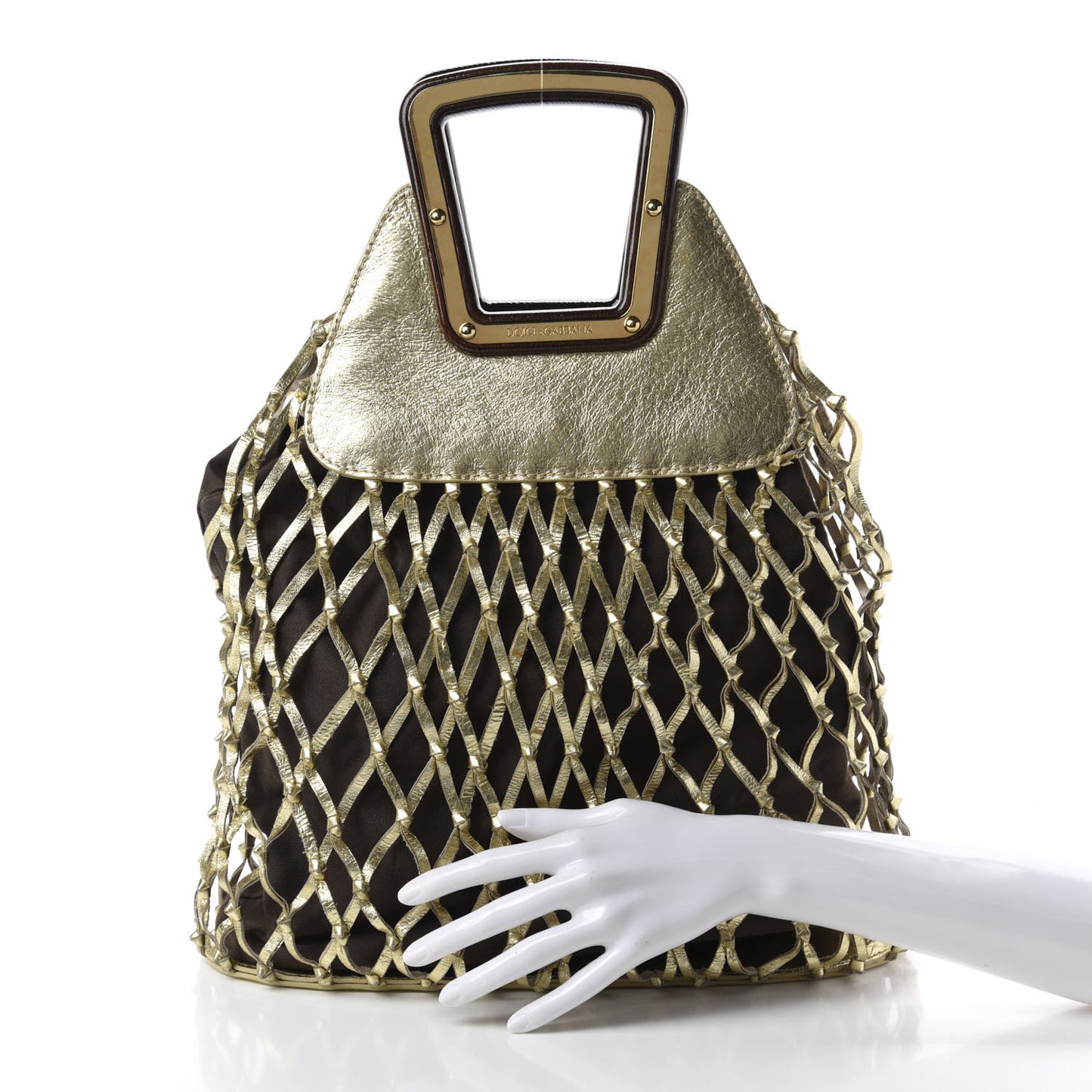 Metallic Calfskin Net Frame Tote Gold