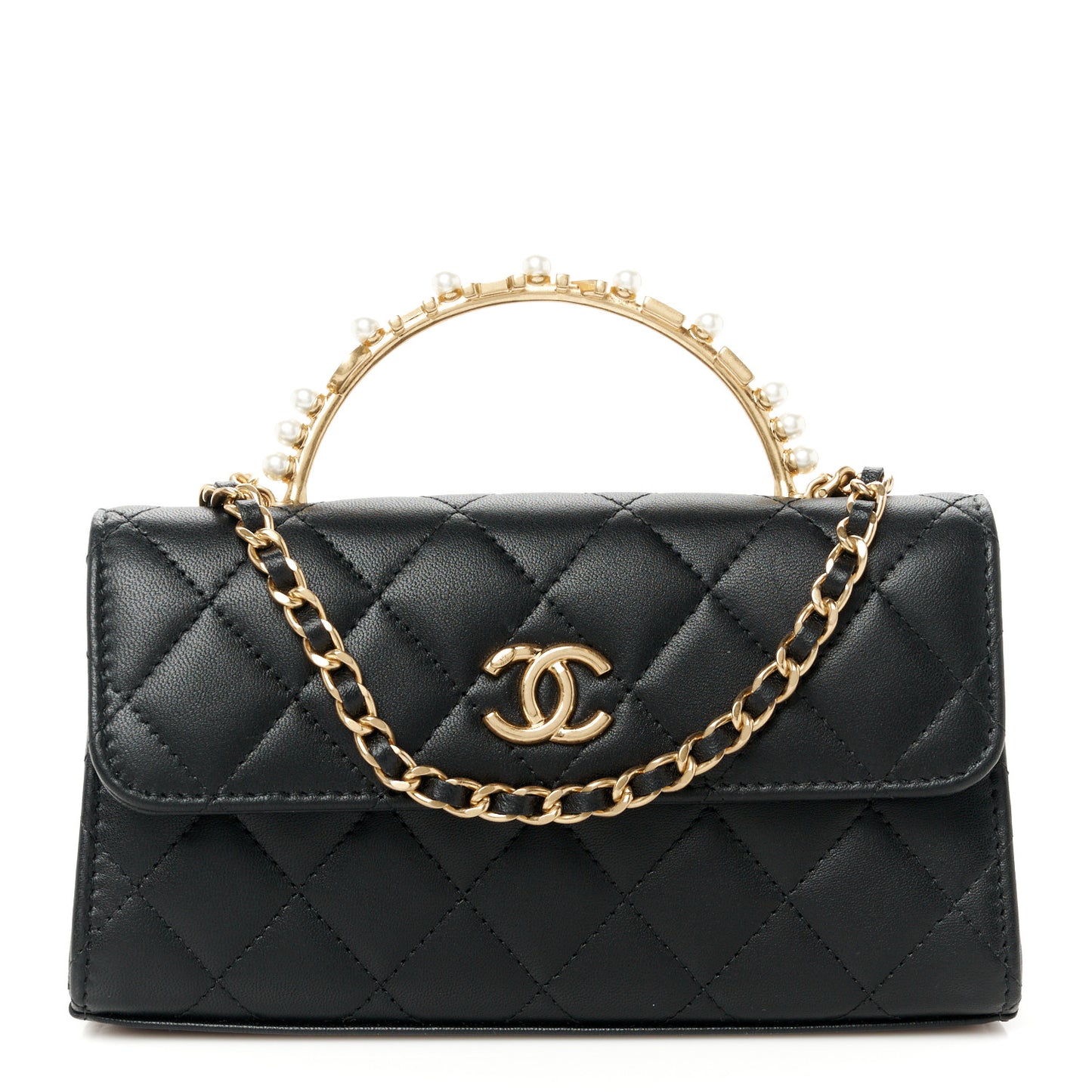 Lambskin Pearl Crystal Quilted Pearly Girl Handle Flap Phone Holder With Chain Black