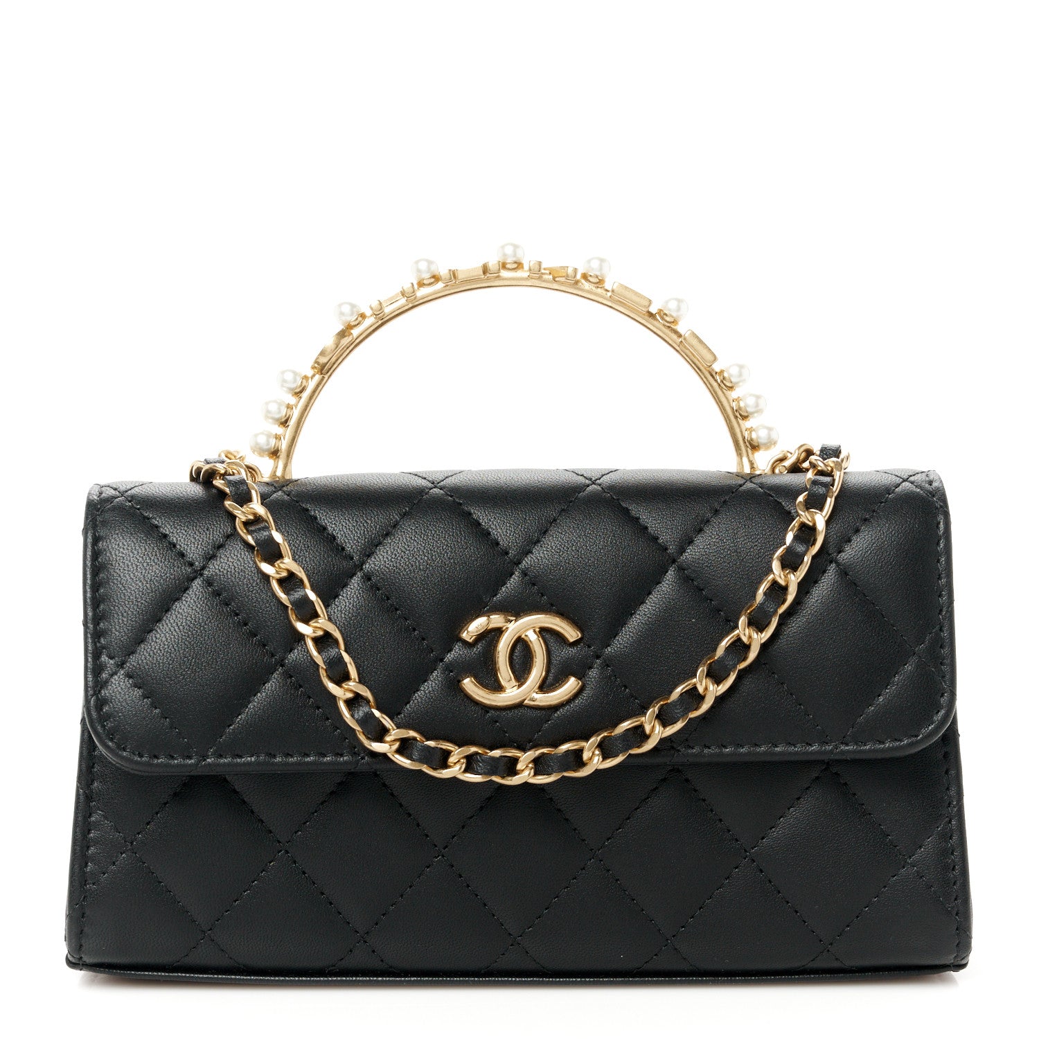 Chanel Lambskin Pearl Crystal Quilted Pearly Girl Handle Flap Phone Holder With Chain Black 1 of 12