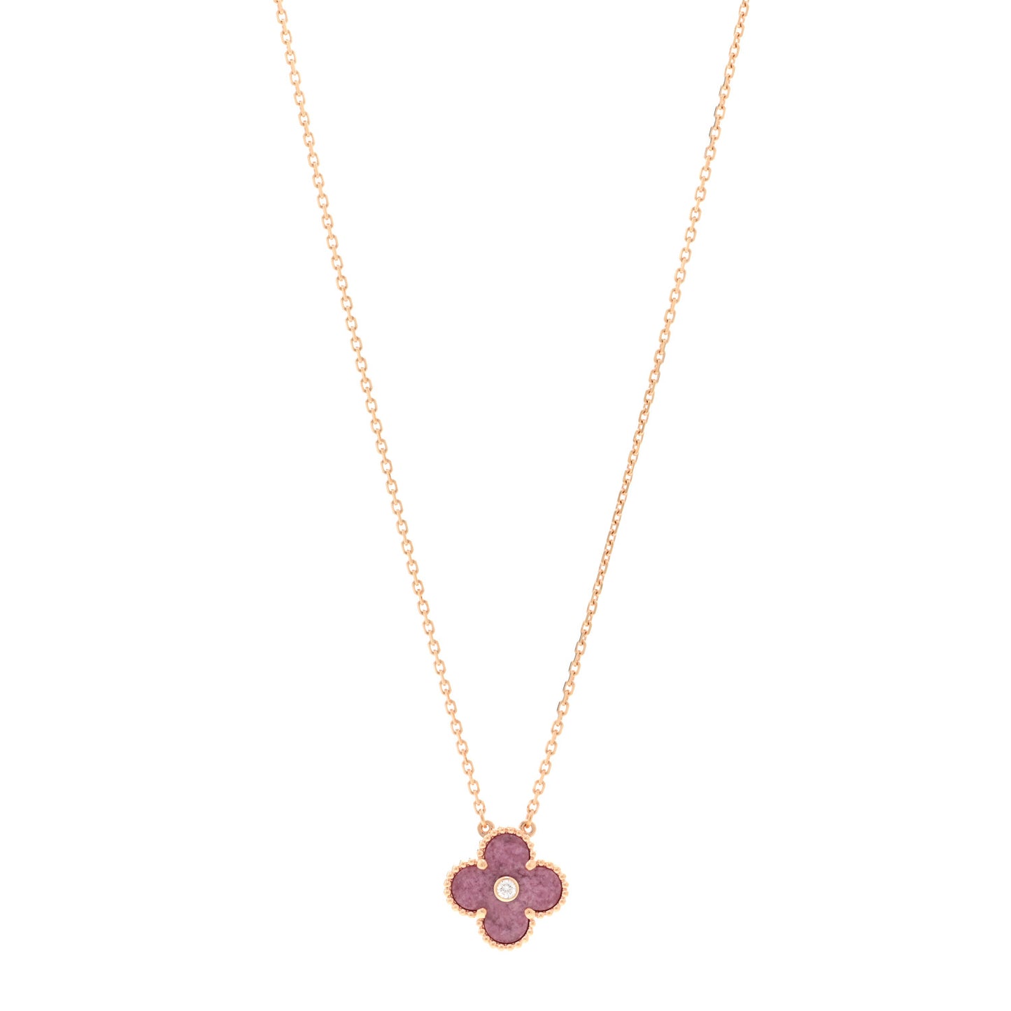 18K Rose Gold Diamond Rhodonite Vintage Alhambra Pendant Necklace