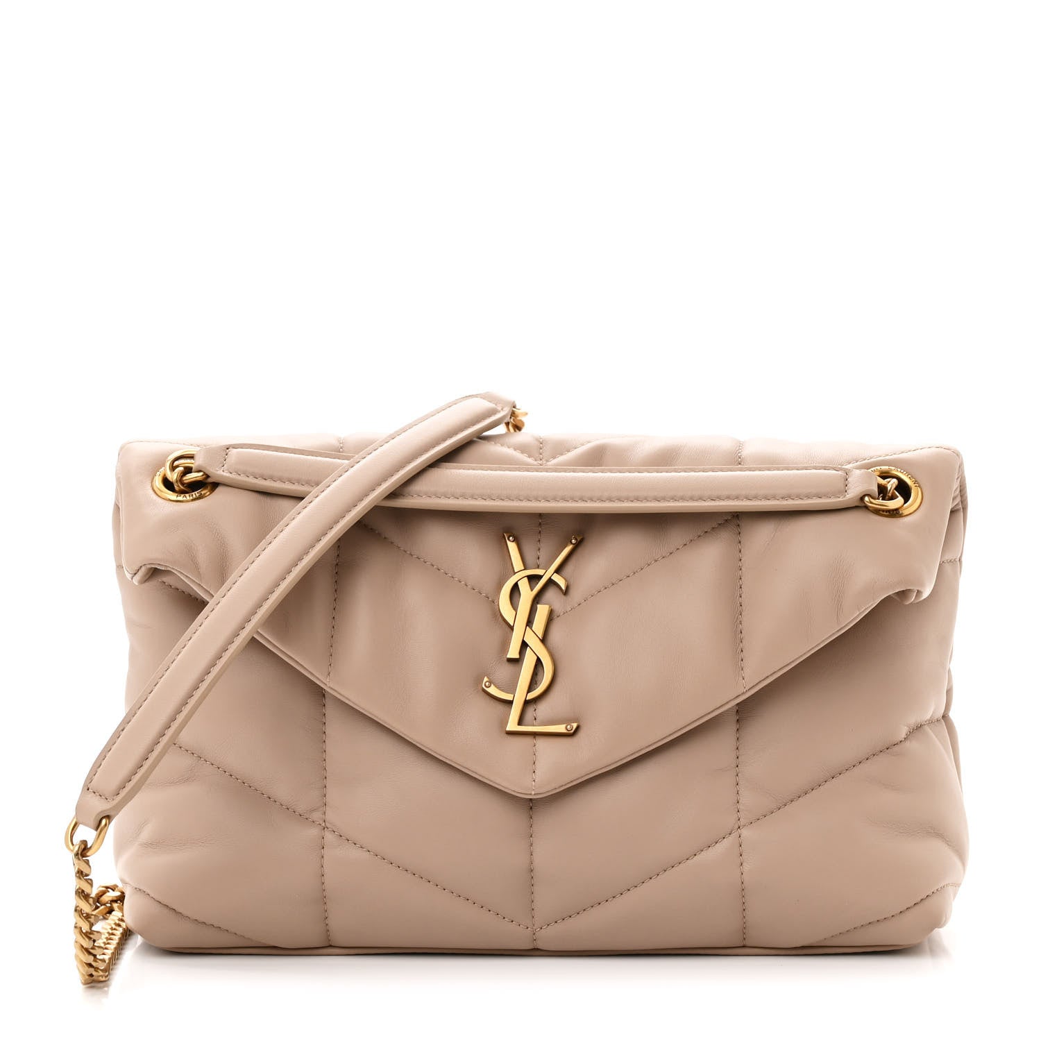 Saint Laurent Lambskin Quilted Small Loulou Puffer Monogram Chain Satchel Dark Beige 1 of 11