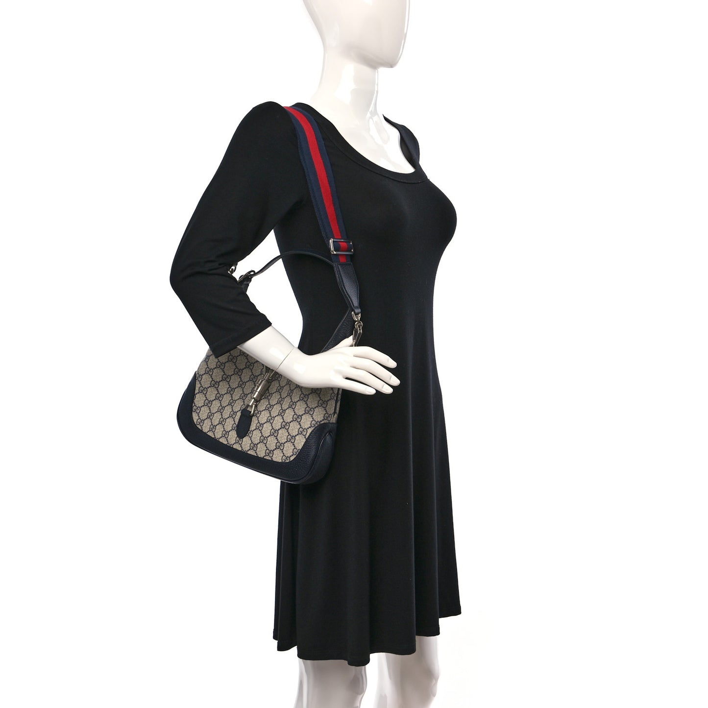 GG Supreme Monogram Textured Dollar Calfskin Web Small Jackie 1961 Hobo Beige Blue