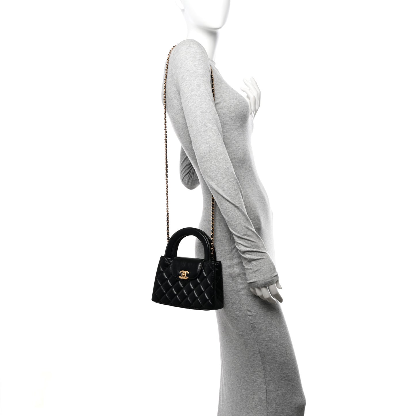 Shiny Aged Calfskin Quilted Nano Kelly Shopper Black