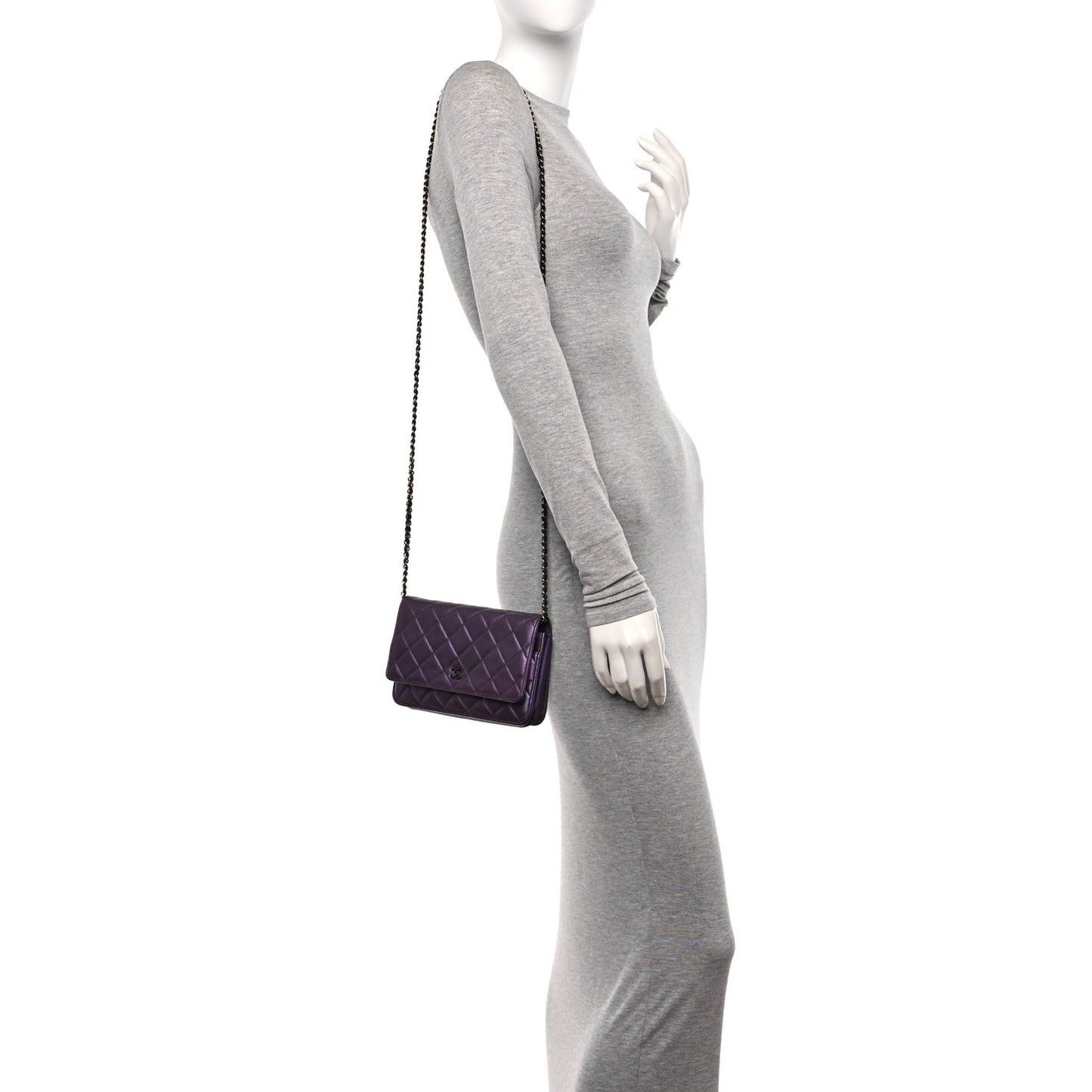 Iridescent Lambskin Quilted Wallet On Chain WOC Dark Purple