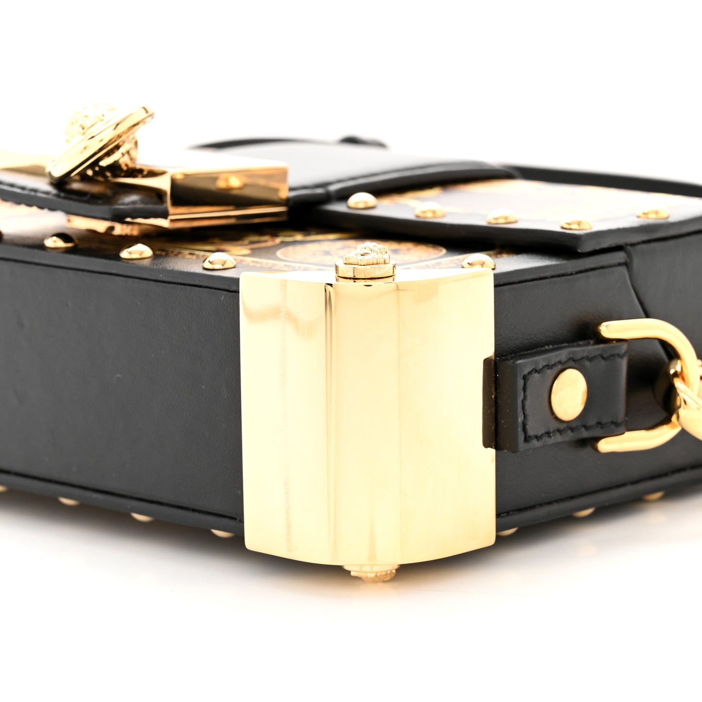 X VERSACE Vitello Cover Fendace Mini FF Baroque Brooch Studded Mini Baguette Trunk Black Gold