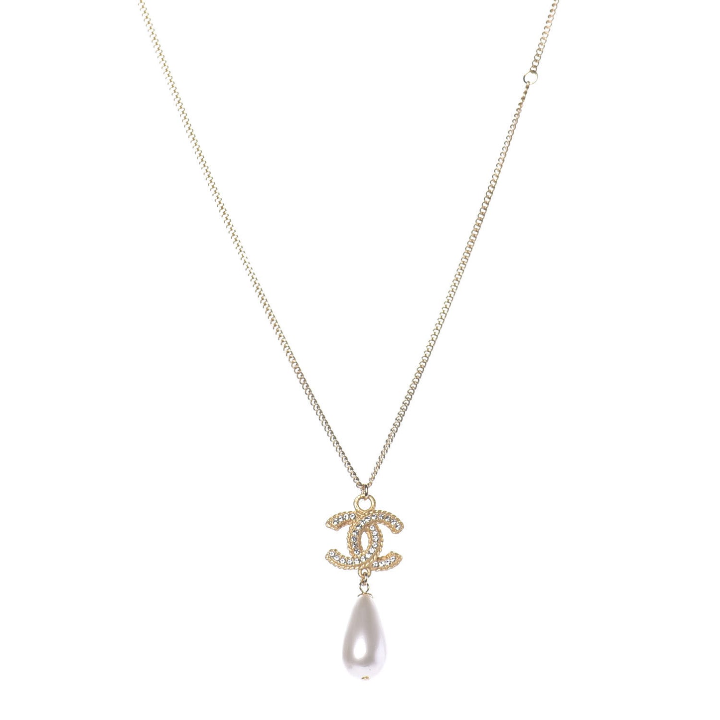 Pearl Crystal CC Drop Necklace Gold