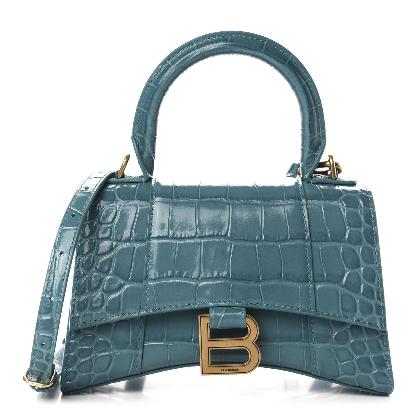 Shiny Calfskin Crocodile Embossed Hourglass Top Handle Bag XS Dark Turquoise