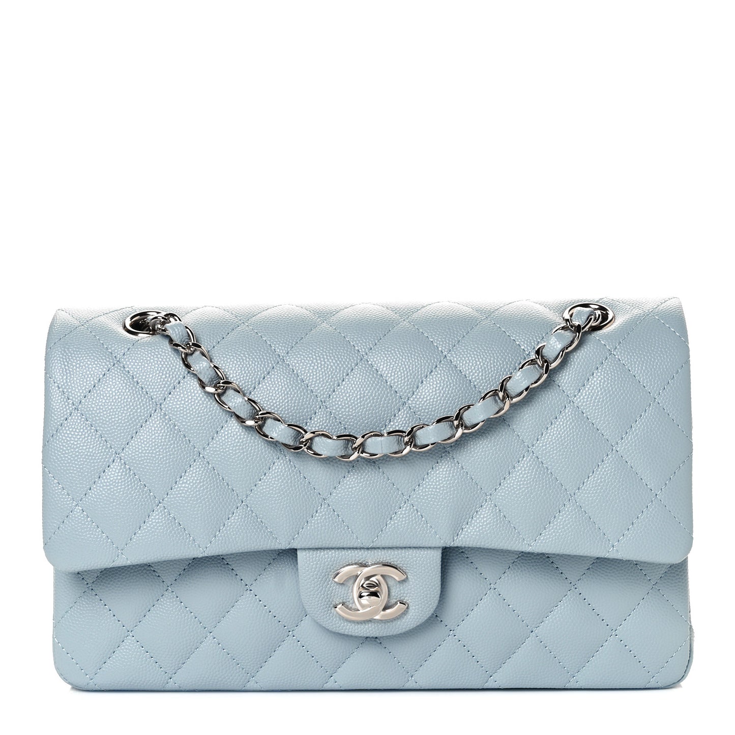 Caviar Quilted Medium Double Flap Light Blue