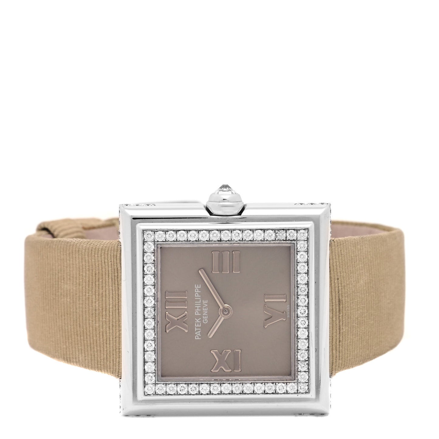 18K White Gold Satin Diamond Bezel Lady Gondolo Quartz Watch Champagne 4868G-001