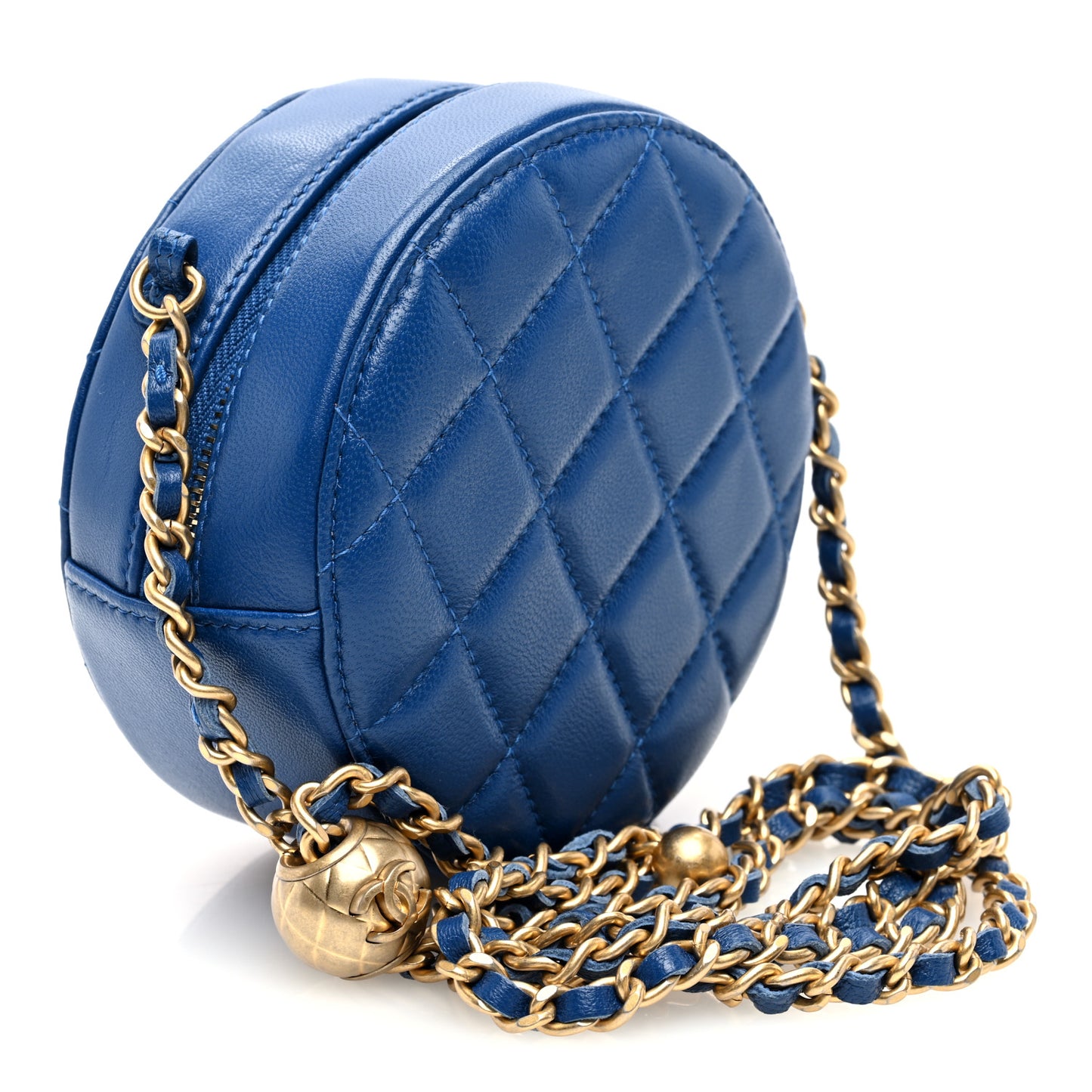 Lambskin Quilted Round Pearl Crush Clutch With Chain Blue