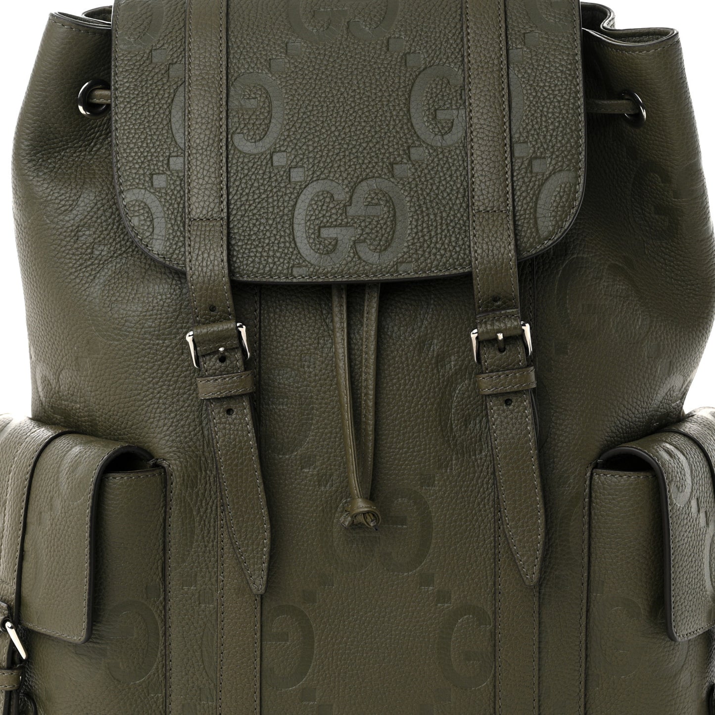Piuma Calfskin Jumbo GG Embossed Double Buckle Backpack Dark Vintage Olive