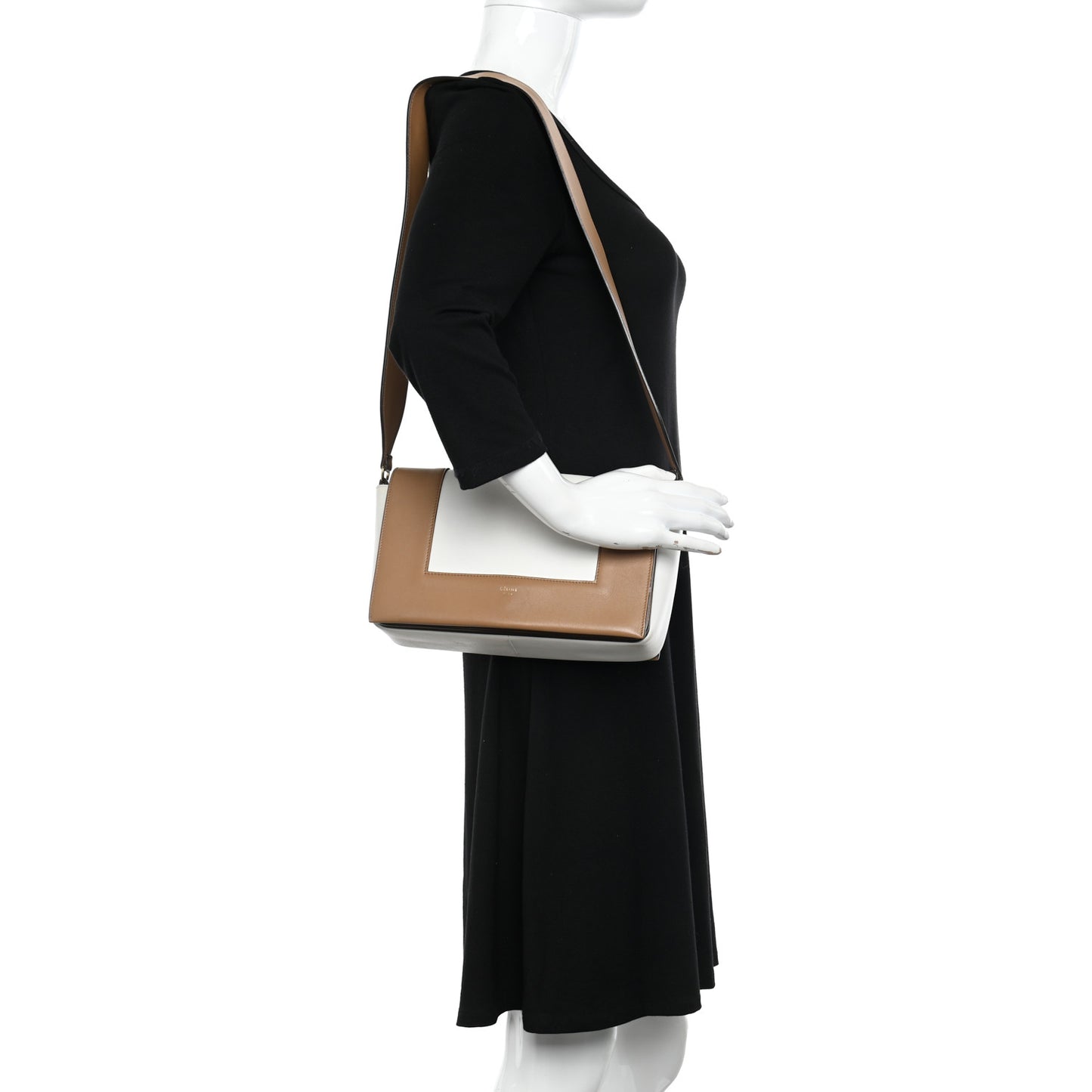 Shiny Smooth Calfskin Medium Frame Shoulder Bag Tan Optic White