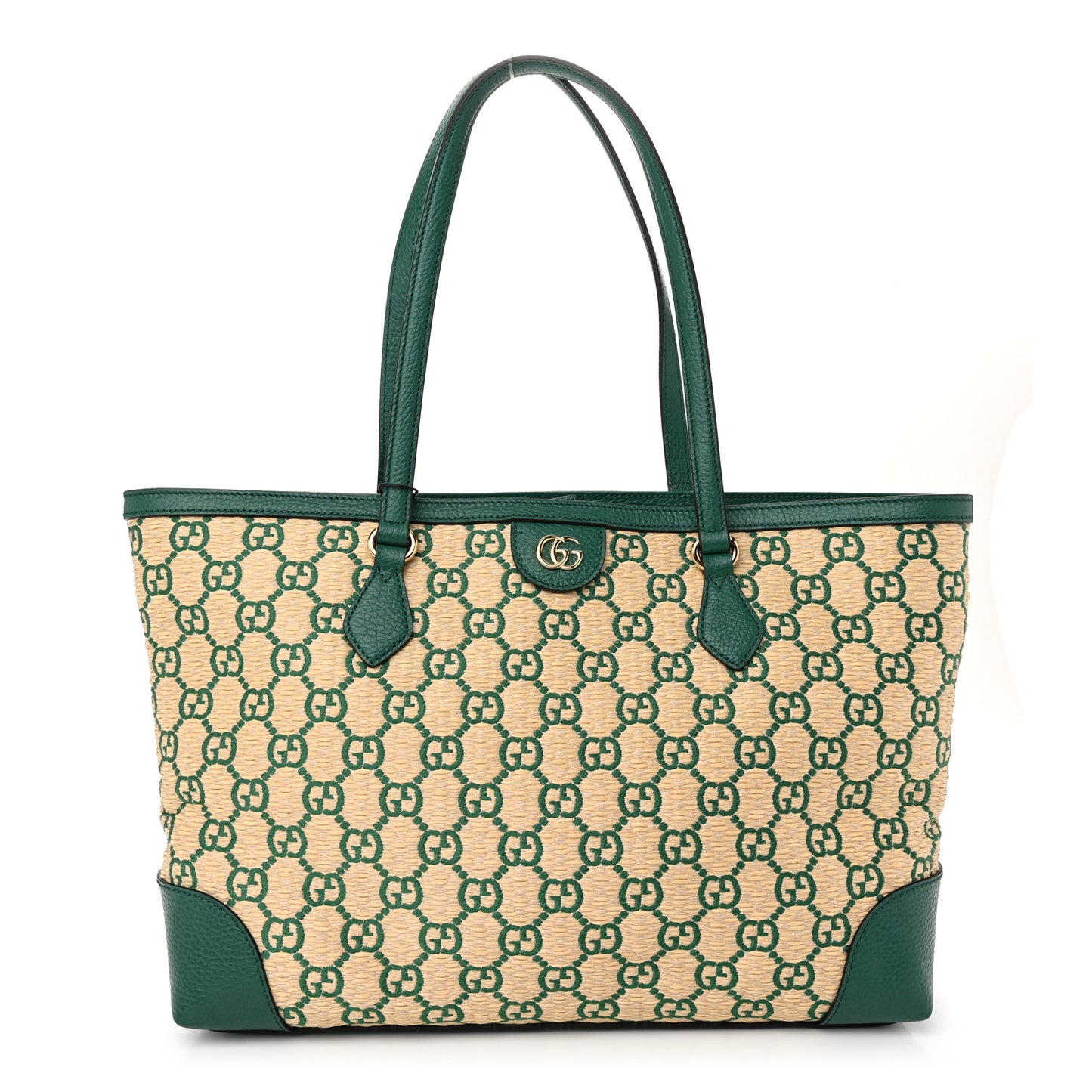 Straw Jacquard Dollar Calfskin GG Monogram Medium Ophidia Shopping Tote Natural Emerald