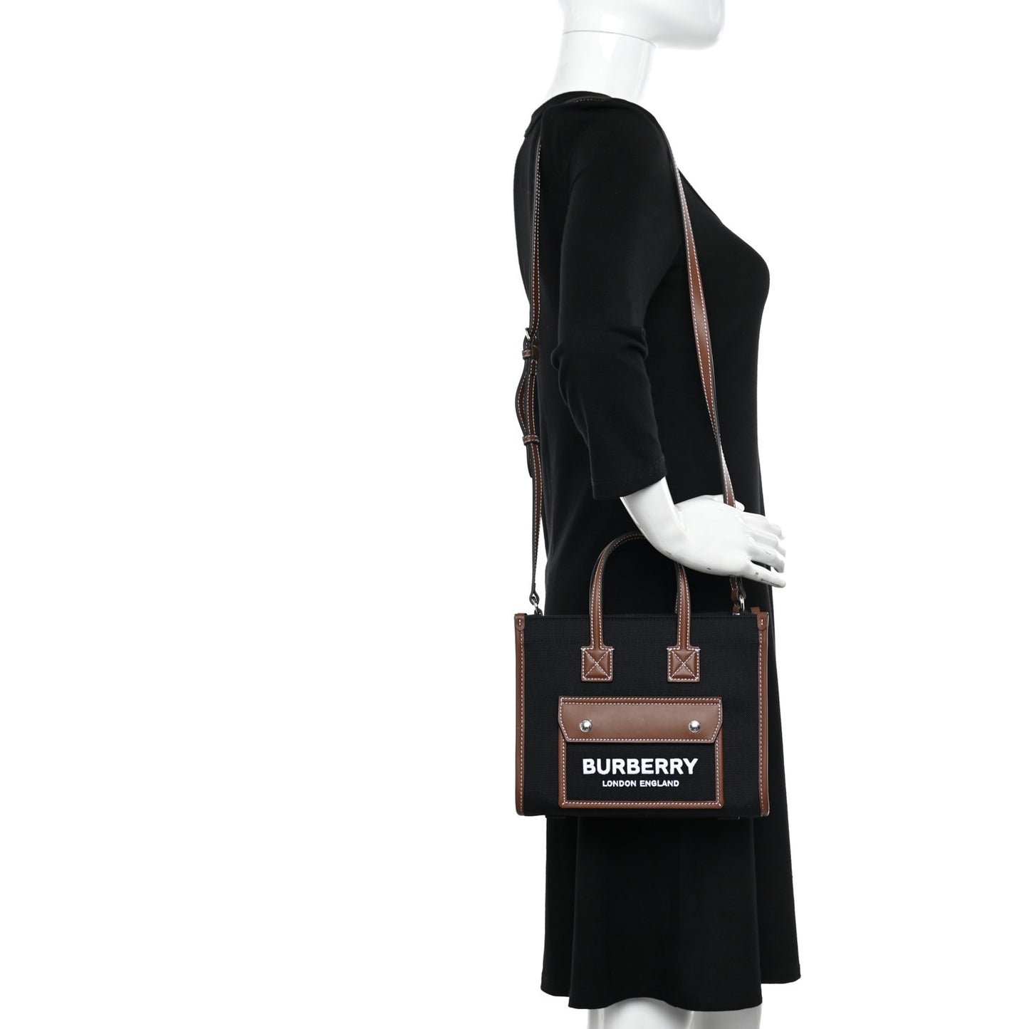Canvas Smooth Calfskin Mini Two Tone Freya Tote Black Tan